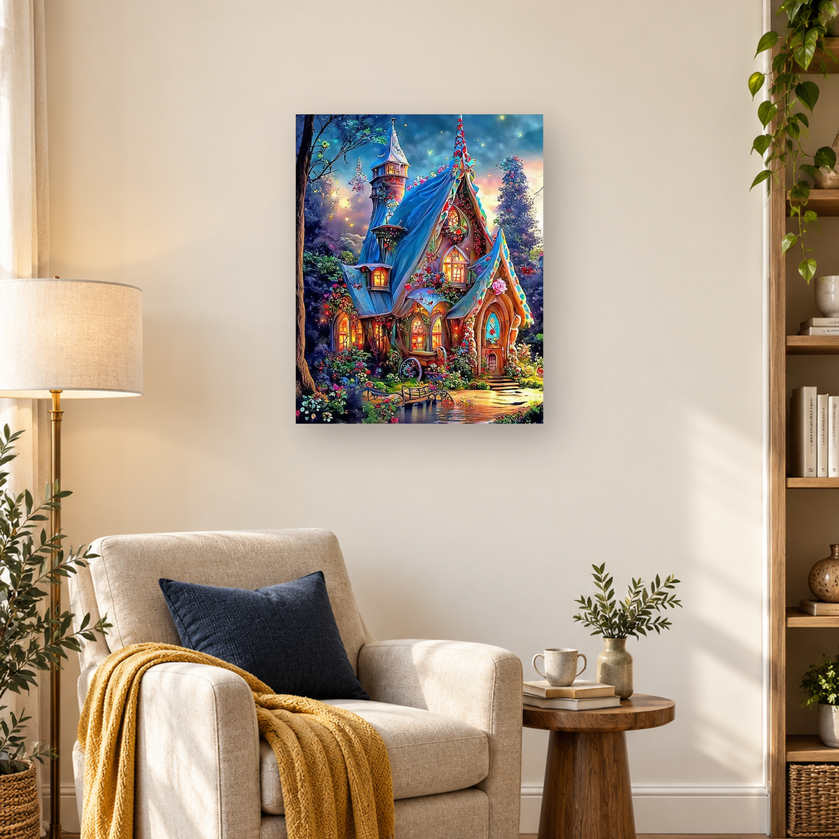 Fantasy cottage with blue towers, glowing windows, flower gardens, a pond, and a footbridge at twilight — 03_lifestyle_hero