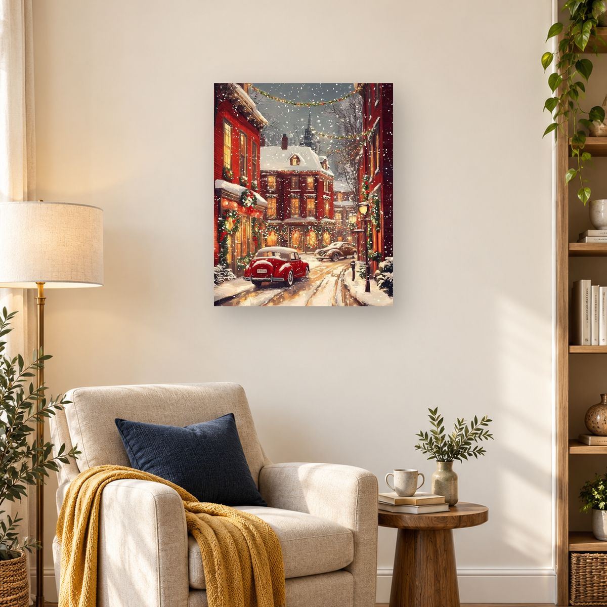 MalaMind Gallery V3 | 03 Lifestyle Hero | LS-260921-082 | Snowy Christmas village street with red buildings, glowing windows, garlands, and two vintage cars.