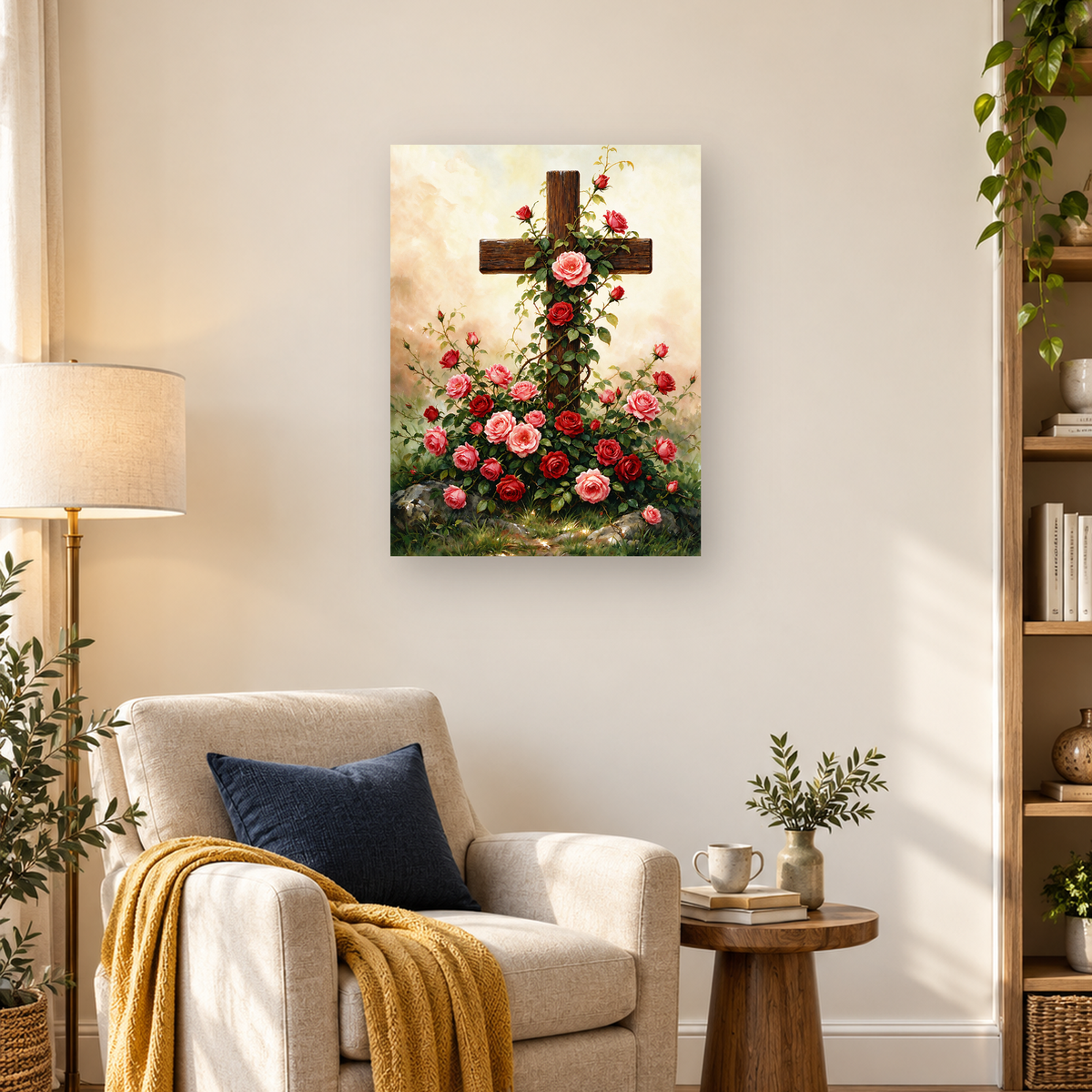 Wooden cross surrounded by red and pink climbing roses in a softly painted outdoor scene — 03_lifestyle_hero