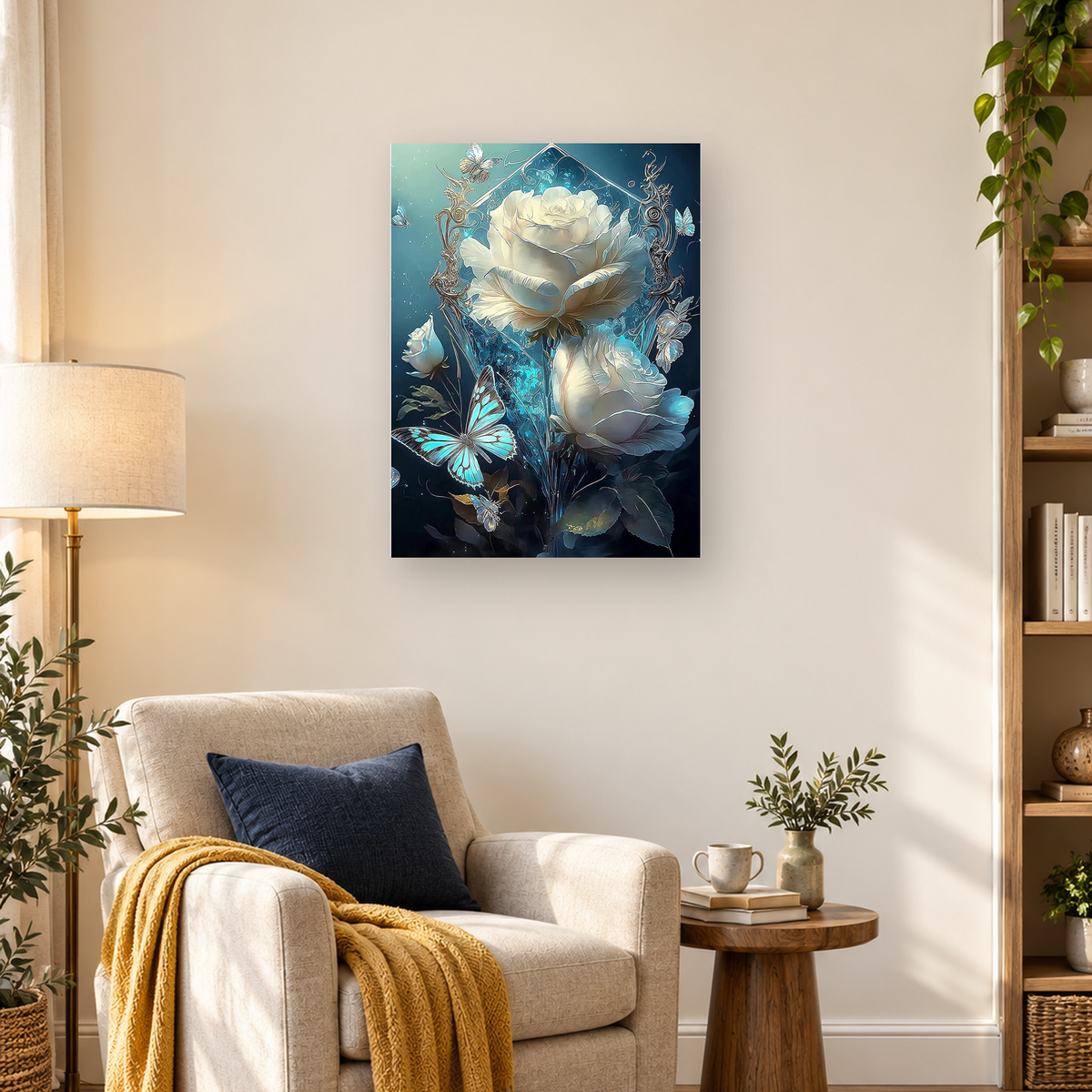 Cream roses and turquoise butterflies surrounded by ornate scrollwork on a deep teal background — 03_lifestyle_hero
