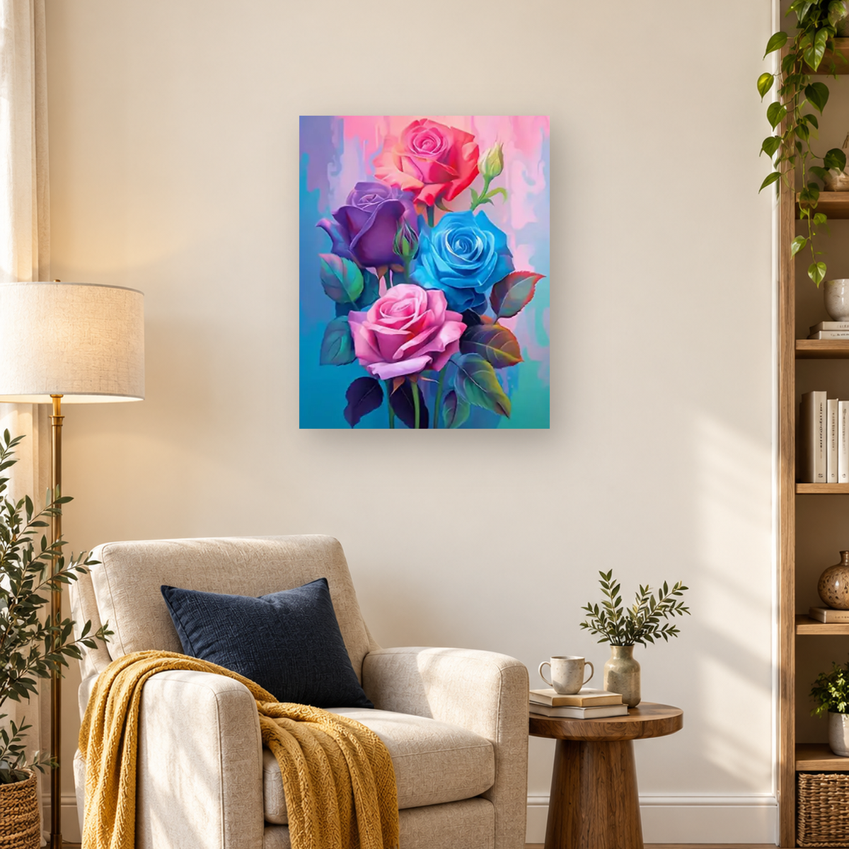 Colorful bouquet of pink, red, purple, and blue roses with green leaves on a pastel background — 03_lifestyle_hero