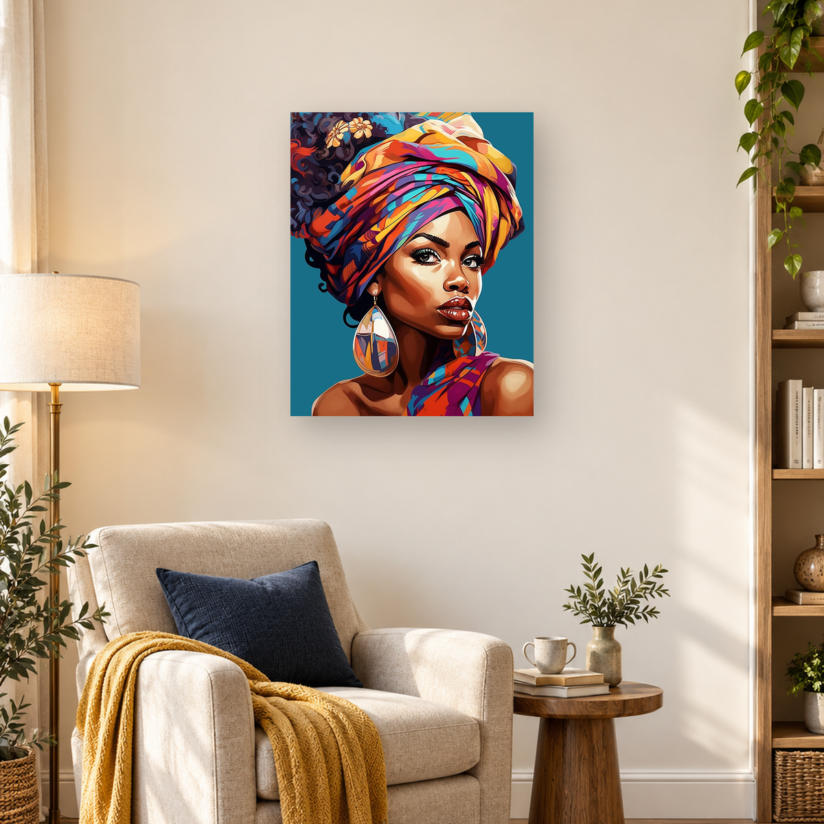 Colorful close-up portrait of a woman wearing a patterned headwrap and large geometric earrings — 03_lifestyle_hero