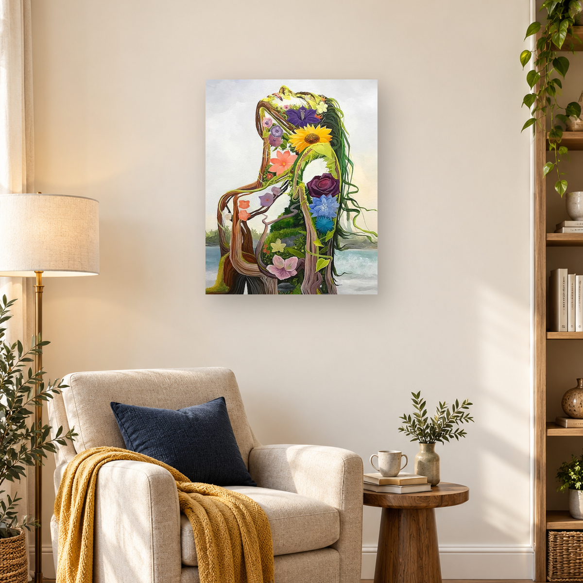 Watercolor botanical figure made of roots, vines, and flowers beside a calm waterside landscape — 03_lifestyle_hero