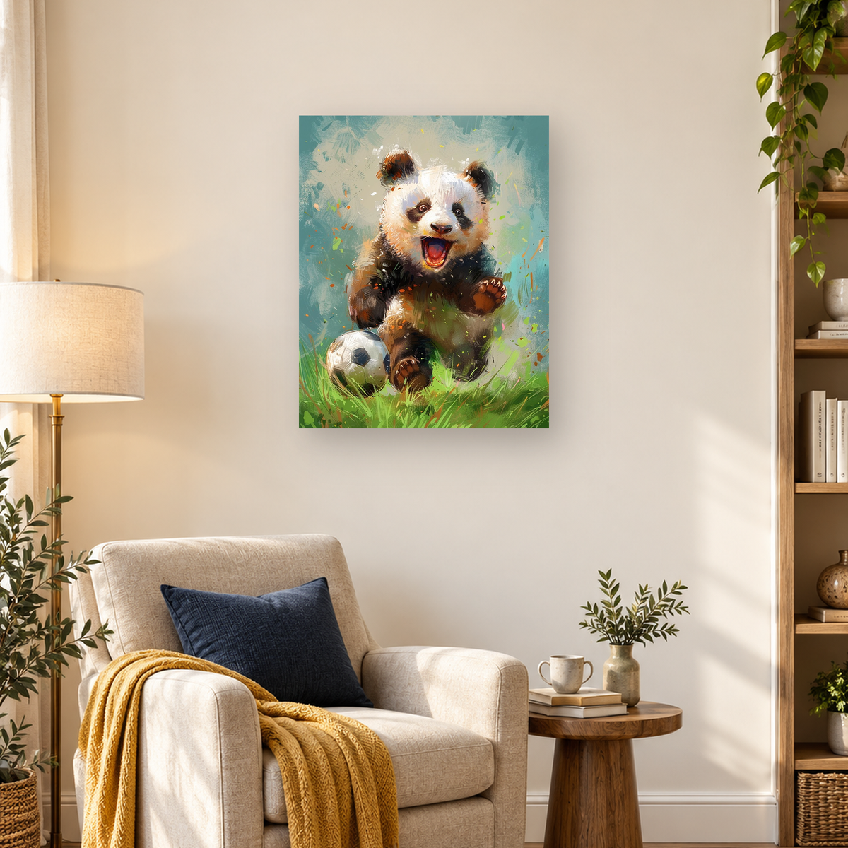 Playful giant panda with an open mouth beside a soccer ball in colorful grass — 03_lifestyle_hero