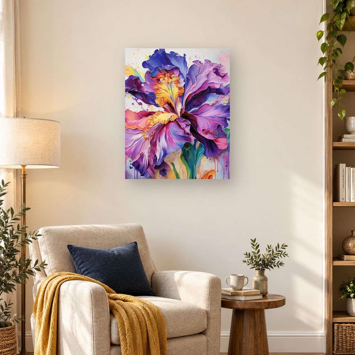 Abstract painting of large purple flowers with orange centers, green leaves, and colorful paint splatters — 03_lifestyle_hero