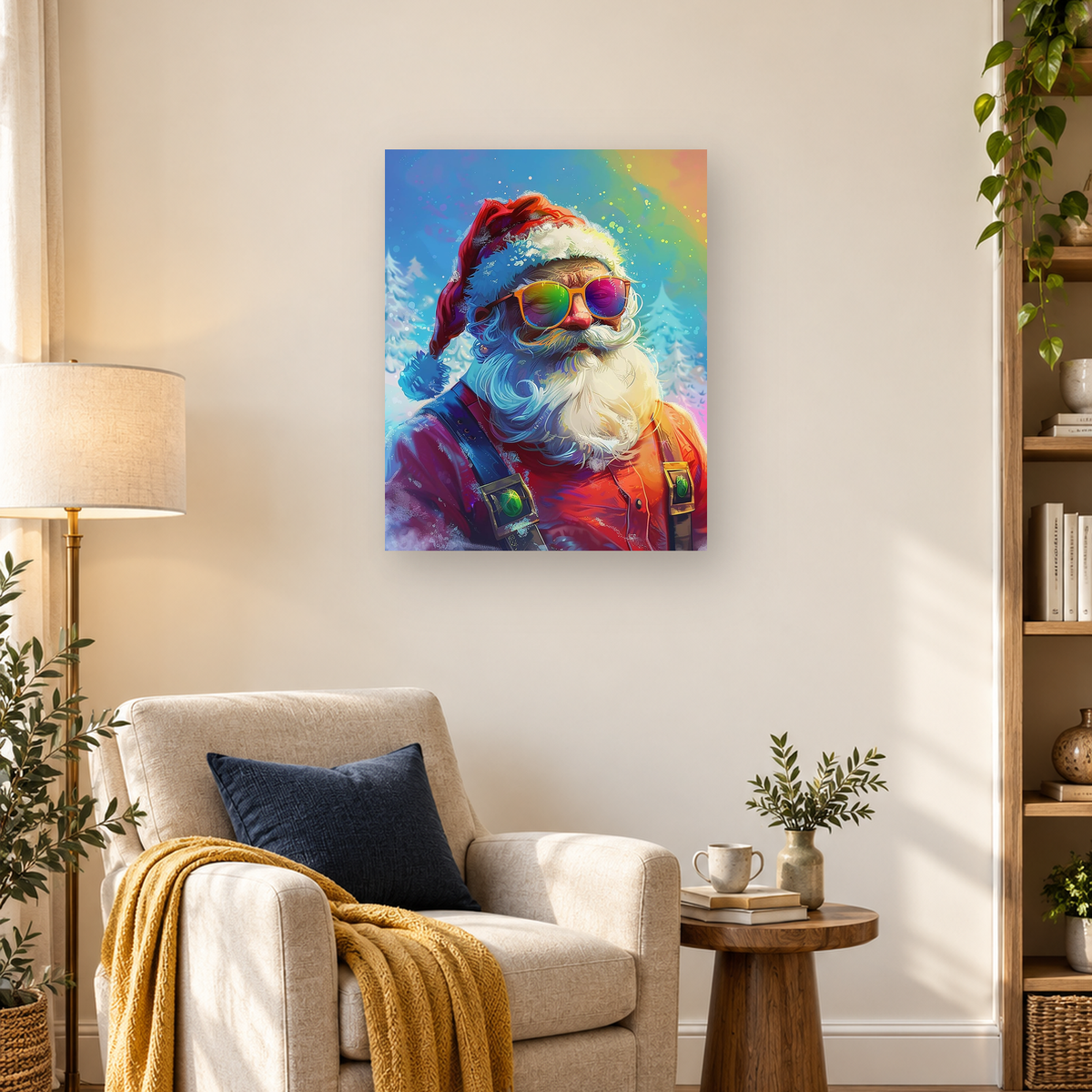 Colorful close-up Santa portrait wearing reflective sunglasses against a turquoise winter background