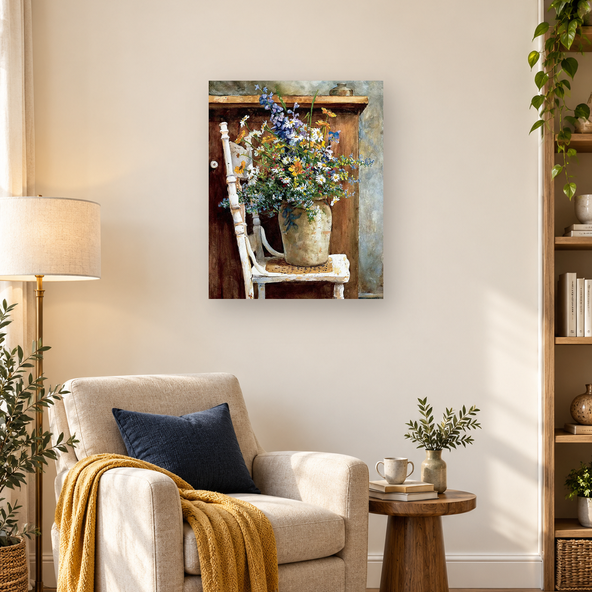 Colorful wildflower bouquet in a weathered vase on a white wooden chair — 03_lifestyle_hero