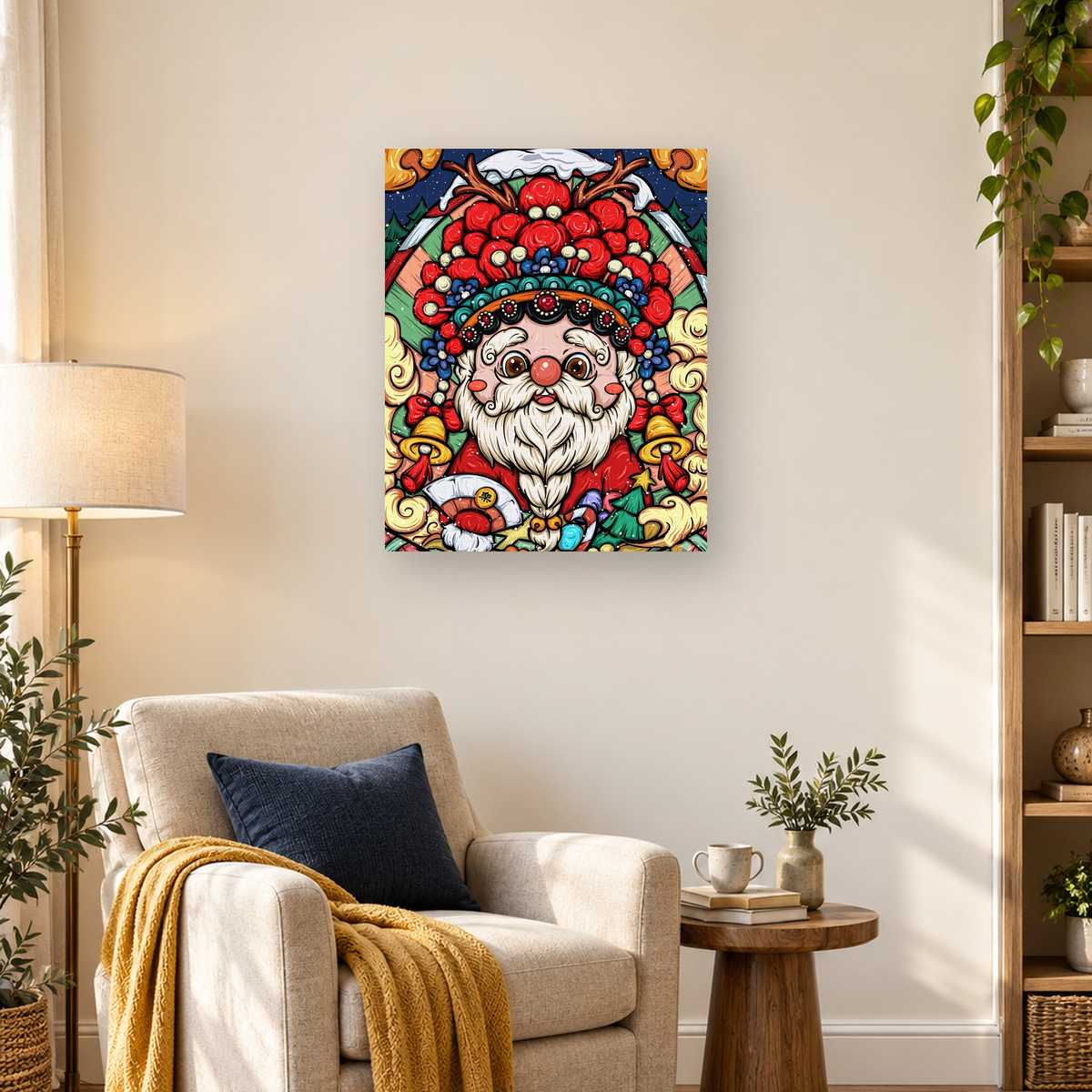 Colorful cartoon Santa portrait with a white beard, red berries, evergreen branches, bells, and winter decorations — 03_lifestyle_hero