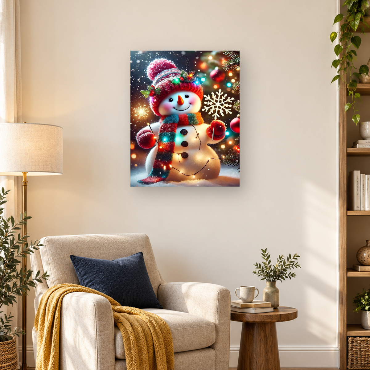 MalaMind Gallery V3 | 03 Lifestyle Hero | CH-260921-081 | Smiling snowman in a red hat and striped scarf surrounded by lights, snowflakes, ornaments, and evergreen branches