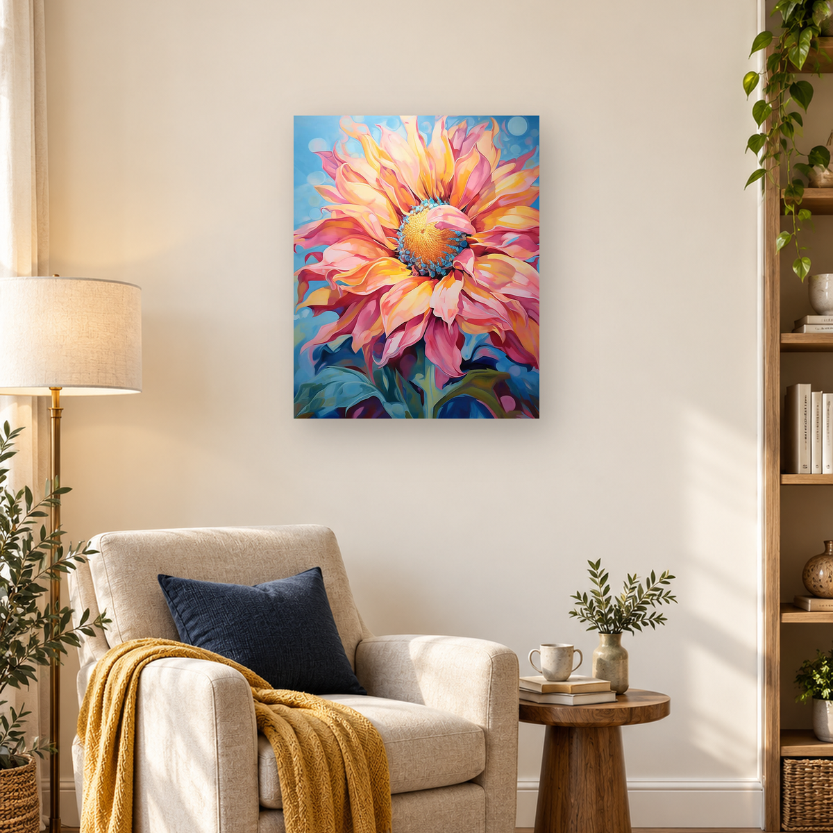 Close-up vibrant flower with pink, orange, and yellow petals against a blue background — 03_lifestyle_hero