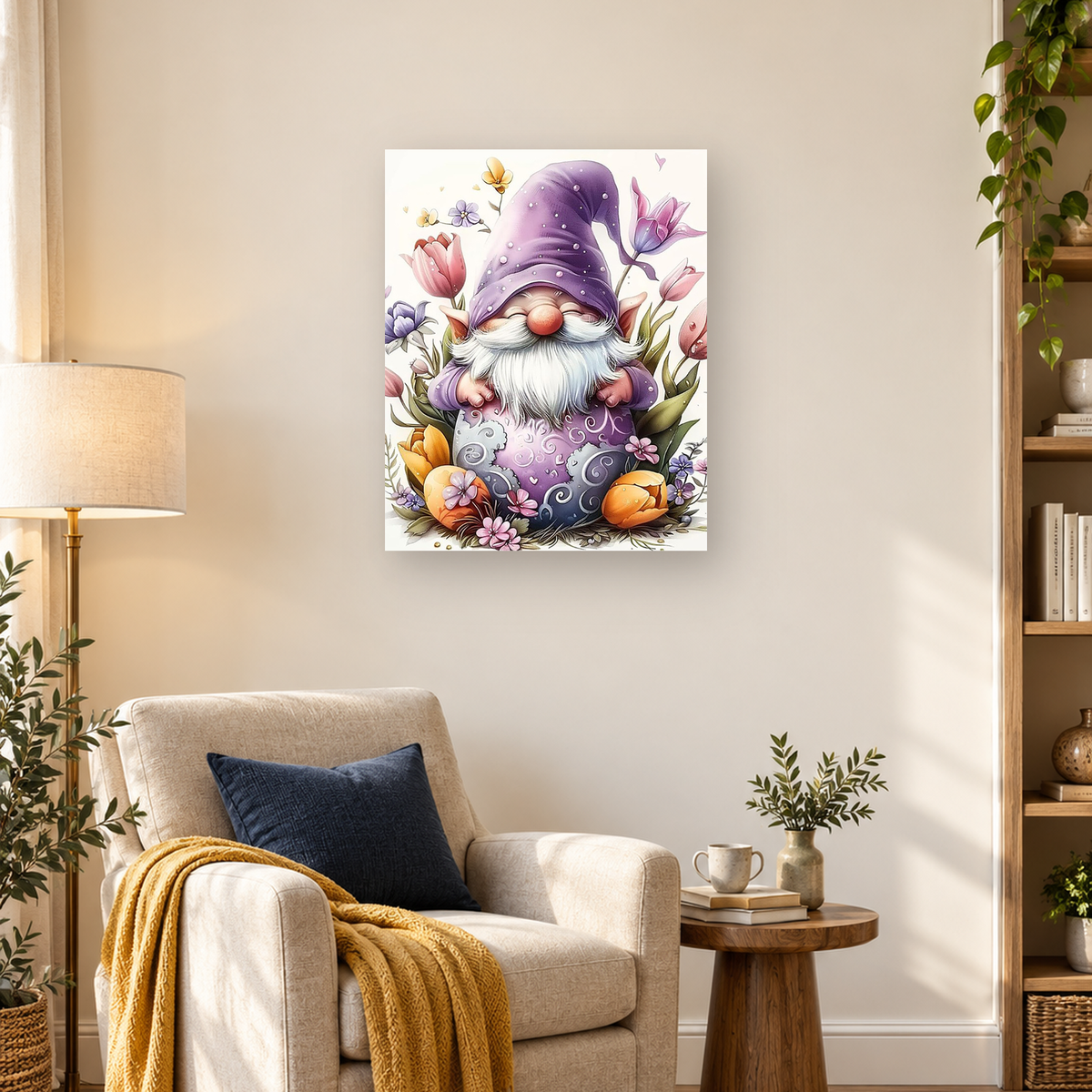 Bearded garden gnome in a jeweled purple hat surrounded by colorful tulips, lilies, and orange flowers