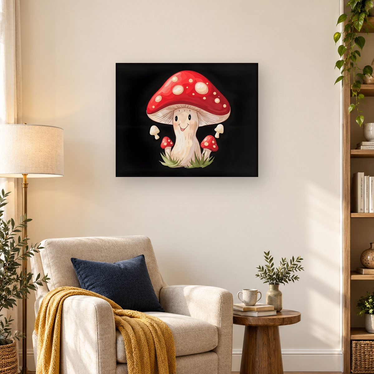 Smiling red-capped mushroom character surrounded by smaller mushrooms and grass on a black background — 03_lifestyle_hero