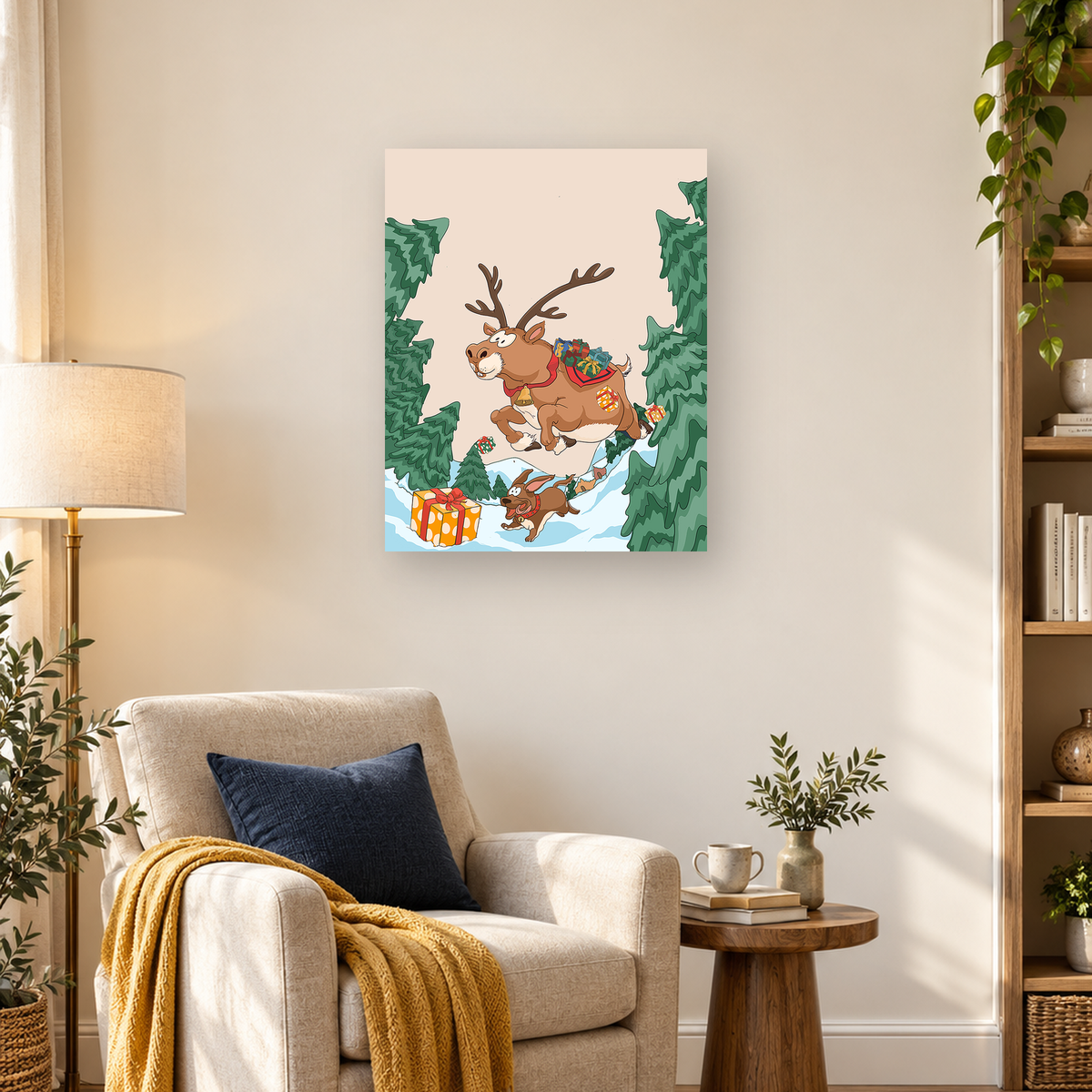 Cartoon reindeer carrying gifts above a rabbit in a snowy evergreen forest — 03_lifestyle_hero