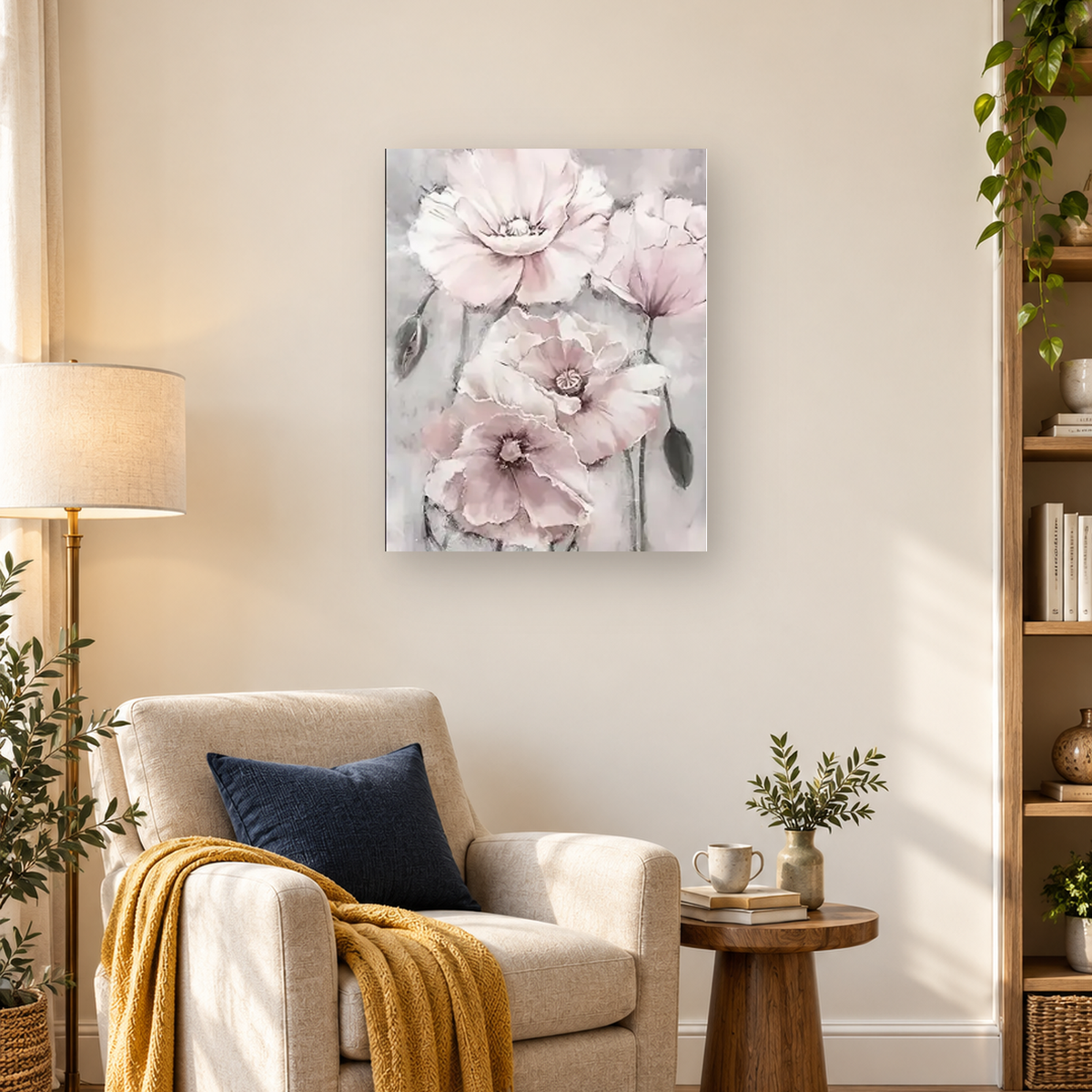 Watercolor-style cluster of pale pink flowers with dark centers and gray-green leaves on a soft gray background. — 03_lifestyle_hero
