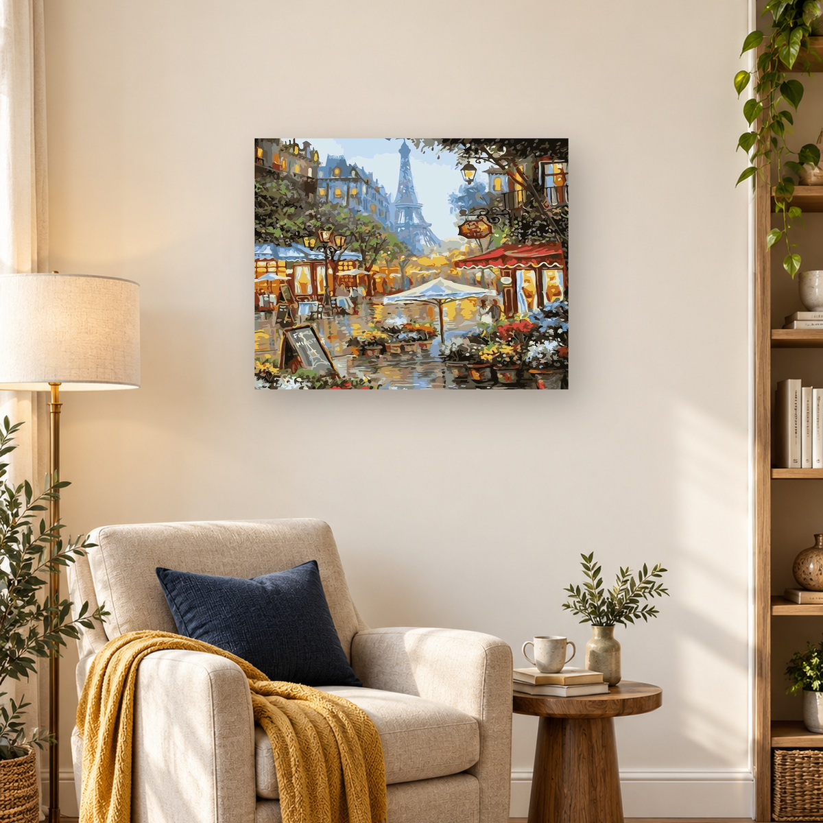 Painterly Parisian street with cafés, glowing lamps, wet pavement, and the Eiffel Tower in the background — 03_lifestyle_hero