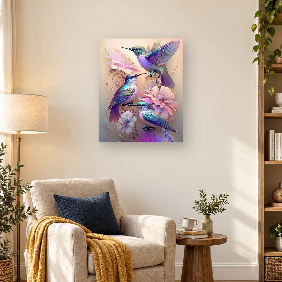 Three iridescent hummingbirds surrounded by pink flowers and branching foliage — 03_lifestyle_hero