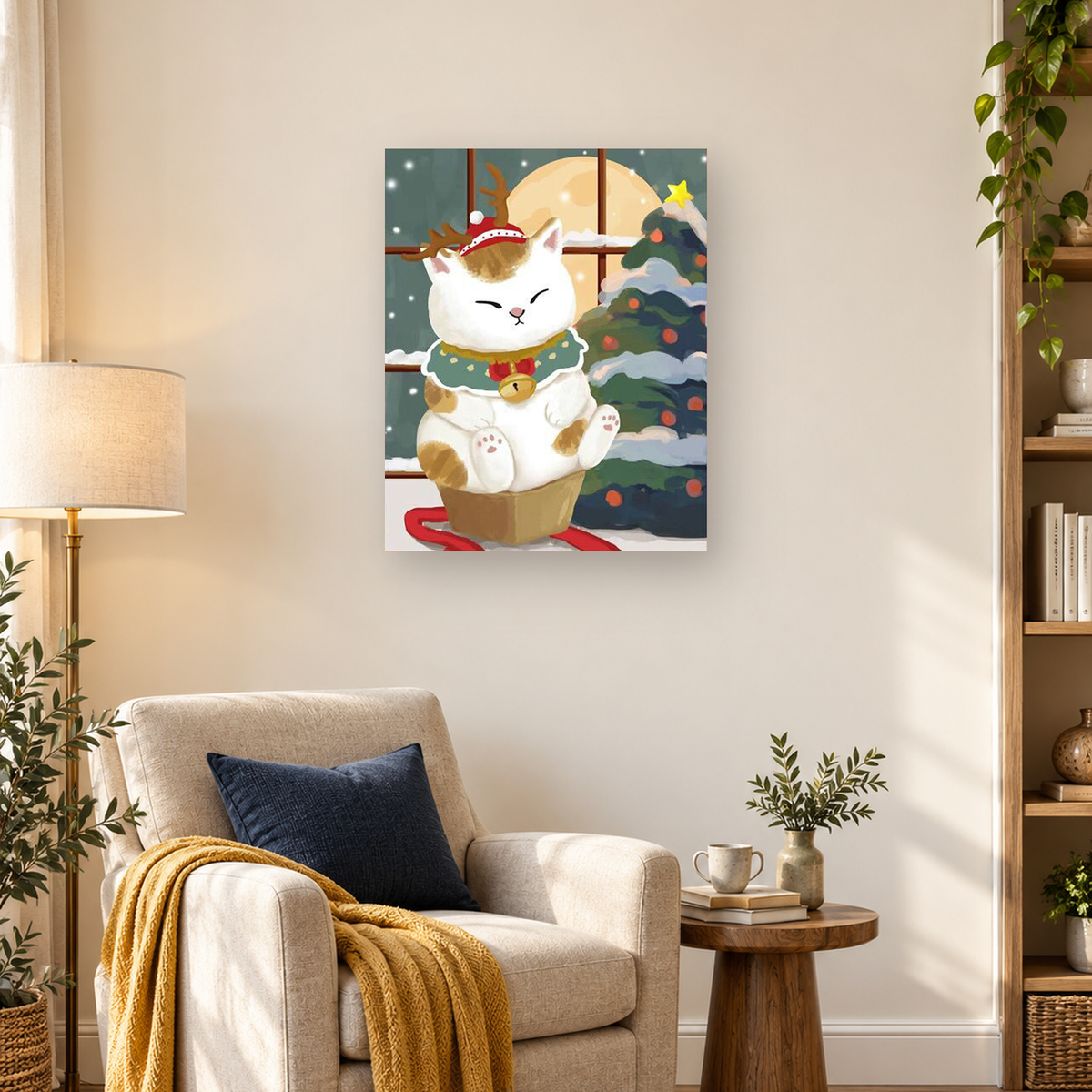 Festive white cat in an antler hat beside a decorated Christmas tree and snowy moonlit window — 03_lifestyle_hero