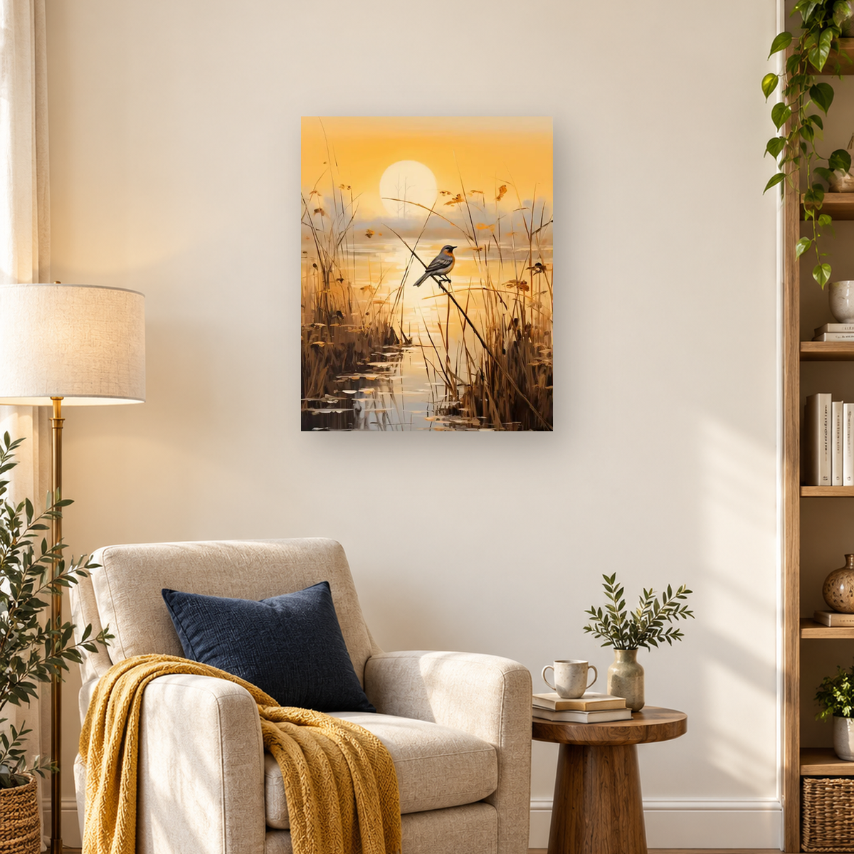 Songbird perched on a reed above reflective marsh water with tall grasses and a glowing sunset — 03_lifestyle_hero