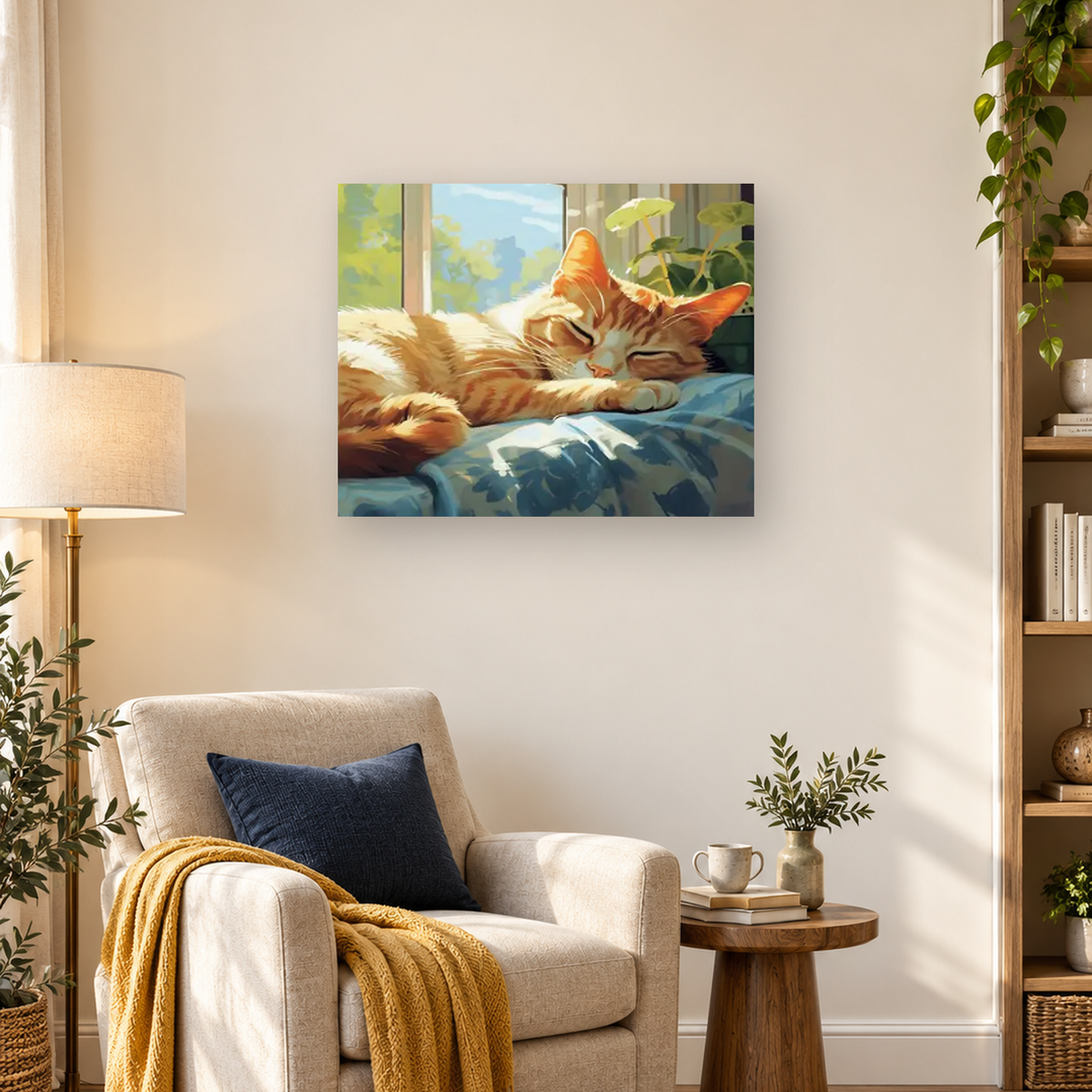 Sleeping orange-and-white tabby cat on a blue blanket in a sunlit room with houseplants — 03_lifestyle_hero