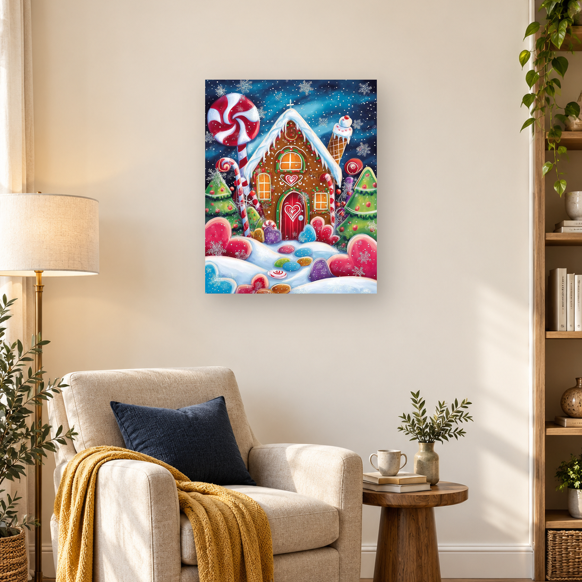 Snow-covered gingerbread house surrounded by candy trees, lollipops, snowflakes, and colorful sweets.