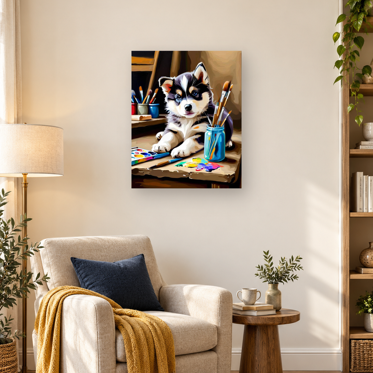 Black-and-white puppy with blue eyes at a paint-covered workspace — 03_lifestyle_hero