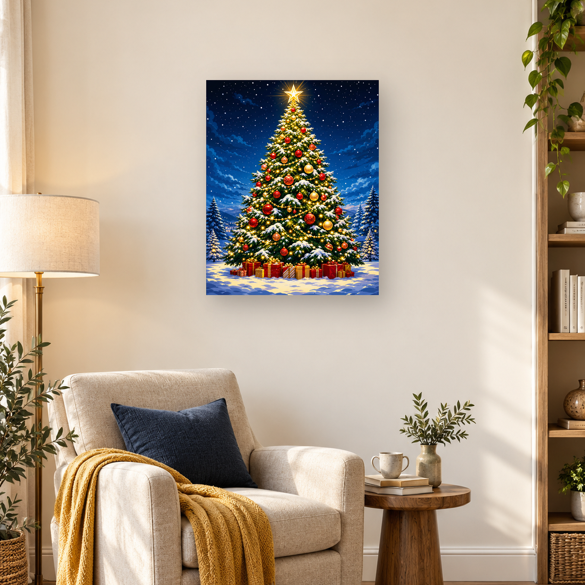 MalaMind Gallery V3 | 03 Lifestyle Hero | CH-260929-003 | Snow-covered Christmas tree with red and gold ornaments, lights, presents, and a starry blue sky