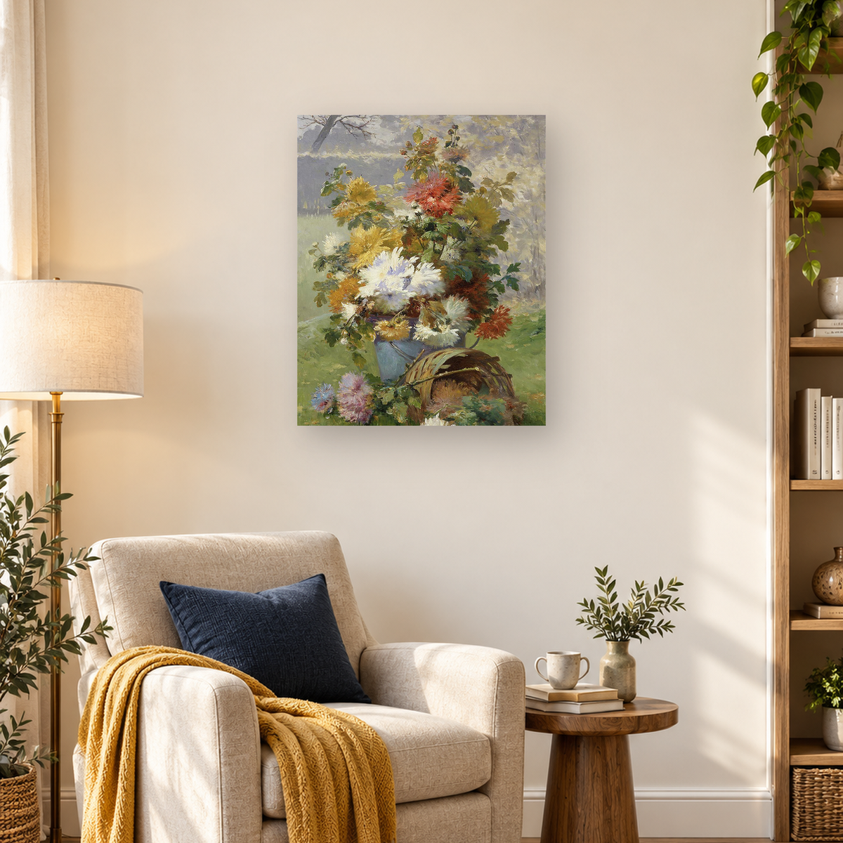 Impressionist painting of a multicolored chrysanthemum bouquet in a blue-gray vase above a woven basket. — 03_lifestyle_hero