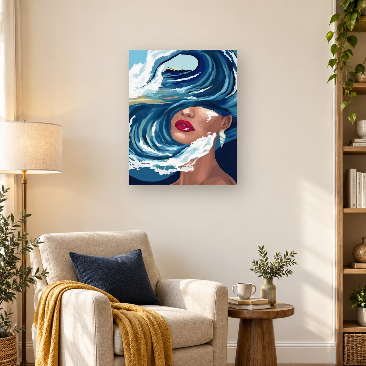 Stylized woman’s face surrounded by a large curling blue ocean wave with white foam — 03_lifestyle_hero