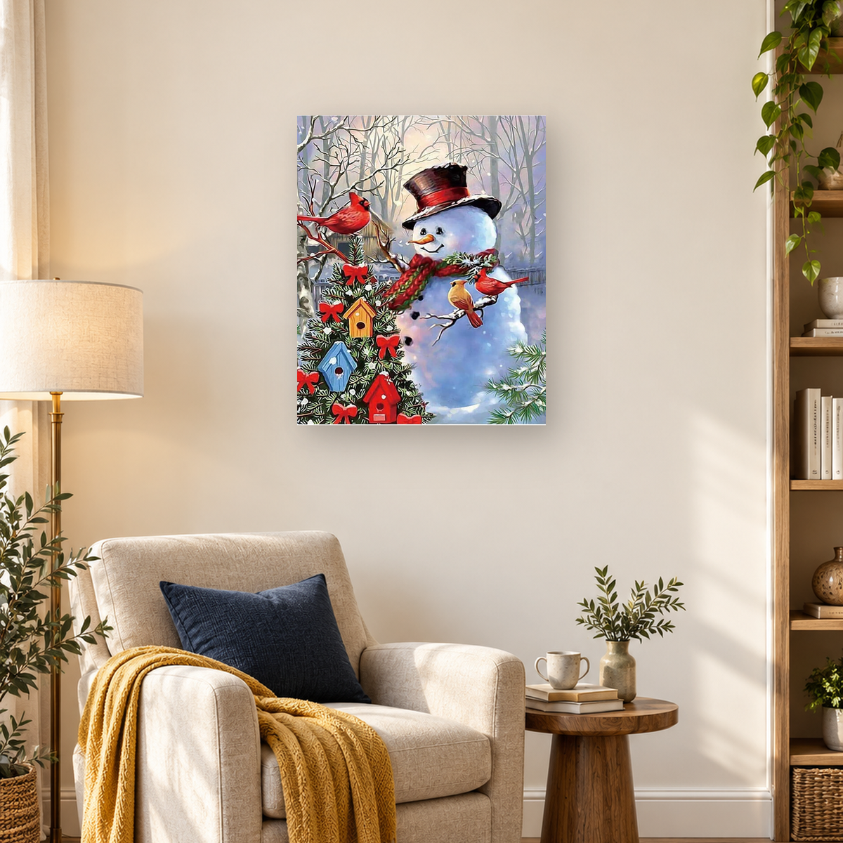 MalaMind Gallery V3 | 03 Lifestyle Hero | CH-260921-073 | Smiling snowman in a top hat and scarf with cardinals beside a decorated evergreen and birdhouses