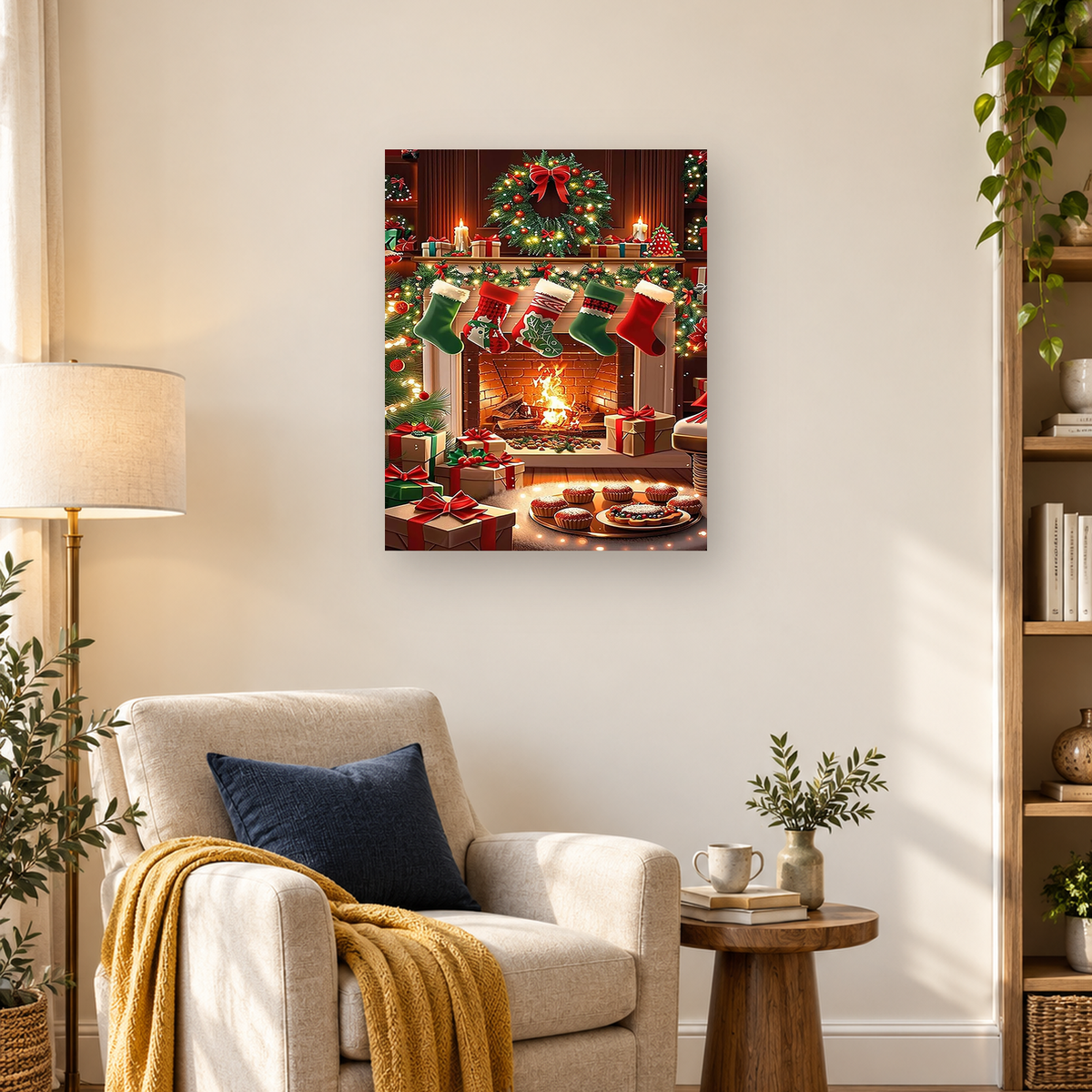 Festive Christmas fireplace with stockings, wreath, gifts, garlands, candles, and dessert trays
