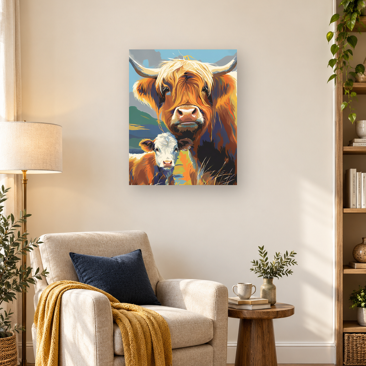 Stylized orange-brown longhorn cow with broad horns beside a white-faced calf in a pastoral landscape — 03_lifestyle_hero