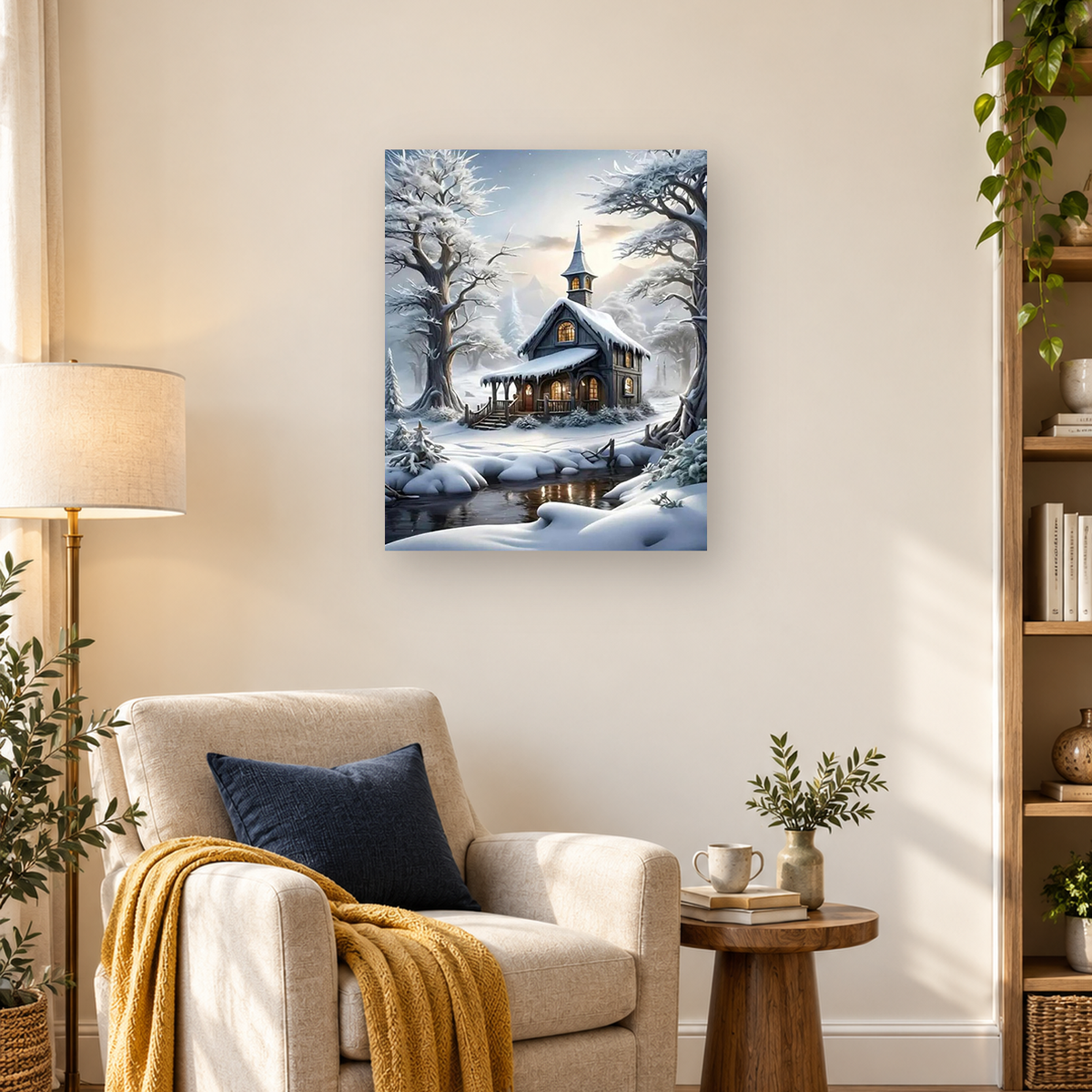 MalaMind Gallery V3 | 03 Lifestyle Hero | LS-260922-004 | Snow-covered woodland chapel with glowing windows, frosted trees, snowbanks, and a partially frozen stream
