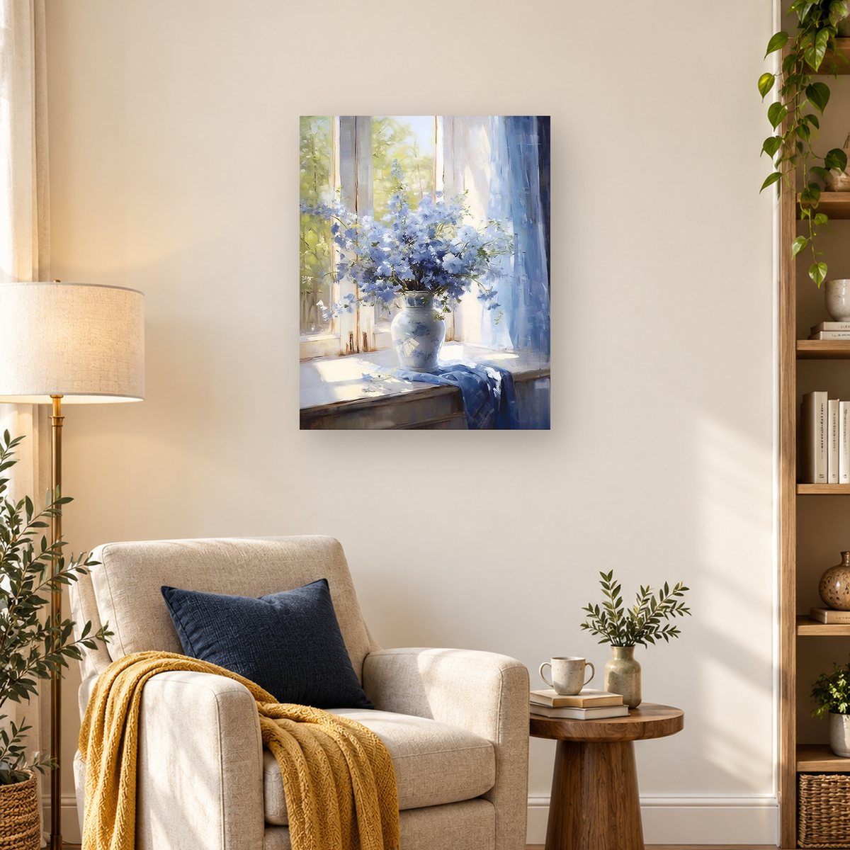 Painterly blue flower bouquet in a white vase on a sunlit windowsill with blue curtains — 03_lifestyle_hero