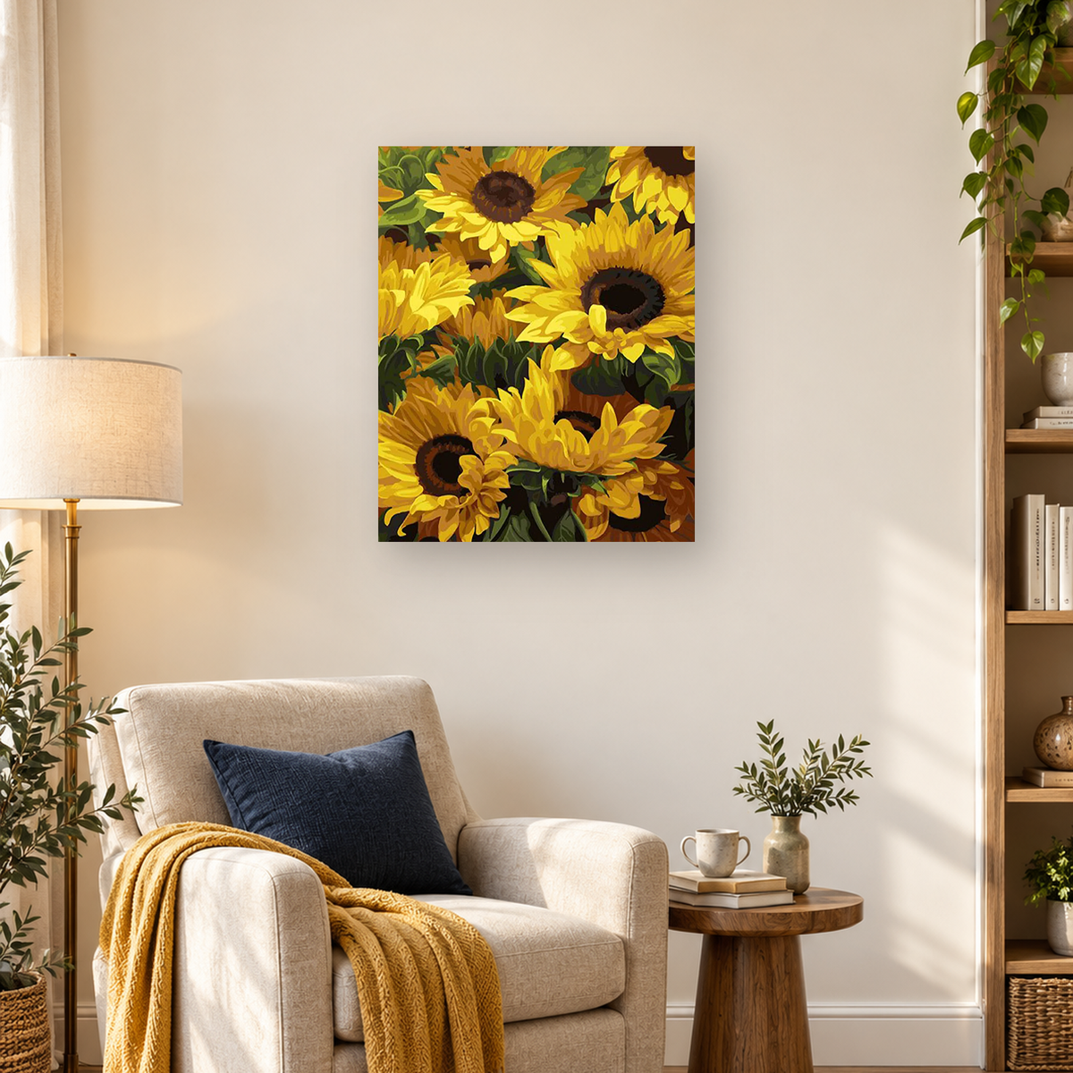 Tightly cropped cluster of yellow sunflowers with dark centers and green foliage. — 03_lifestyle_hero