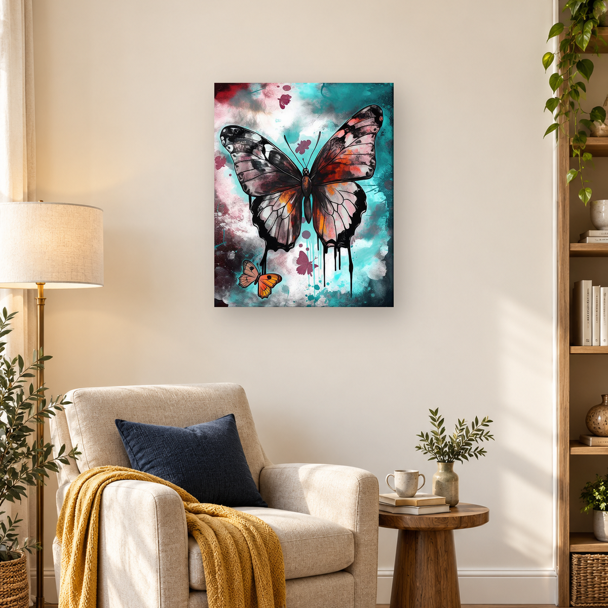 Large patterned butterfly with a smaller orange butterfly against a turquoise abstract painted background — 03_lifestyle_hero