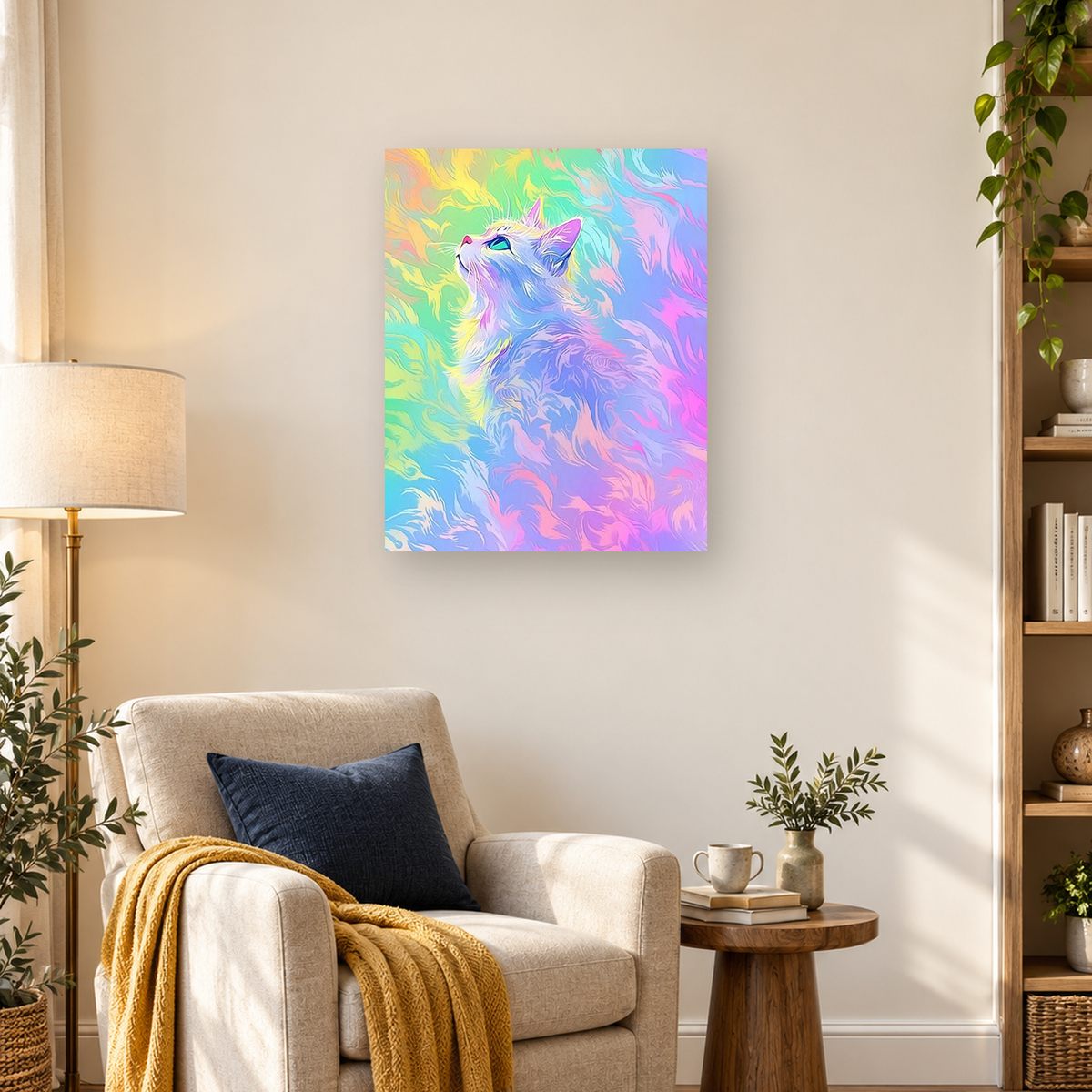 Pastel cat gazing upward amid flowing blue, lavender, pink, mint, and yellow abstract shapes. — 03_lifestyle_hero