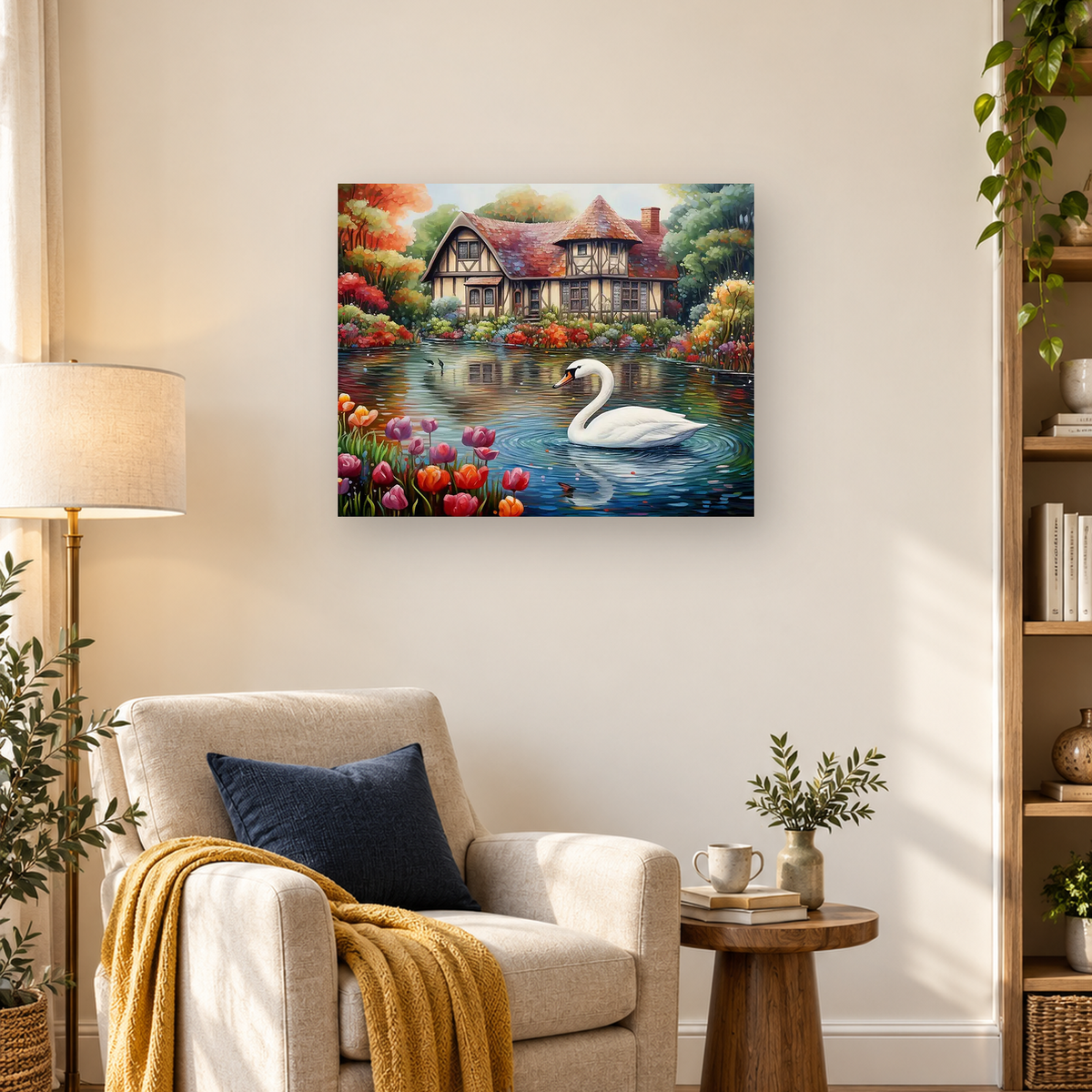 White swan gliding on a flower-lined pond before a half-timbered cottage — 03_lifestyle_hero