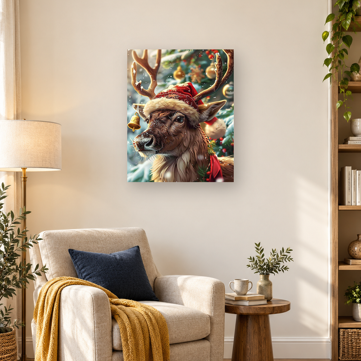 MalaMind Gallery V3 | 03 Lifestyle Hero | CH-260922-009 | Detailed reindeer wearing a Santa hat and scarf beside a decorated evergreen in falling snow