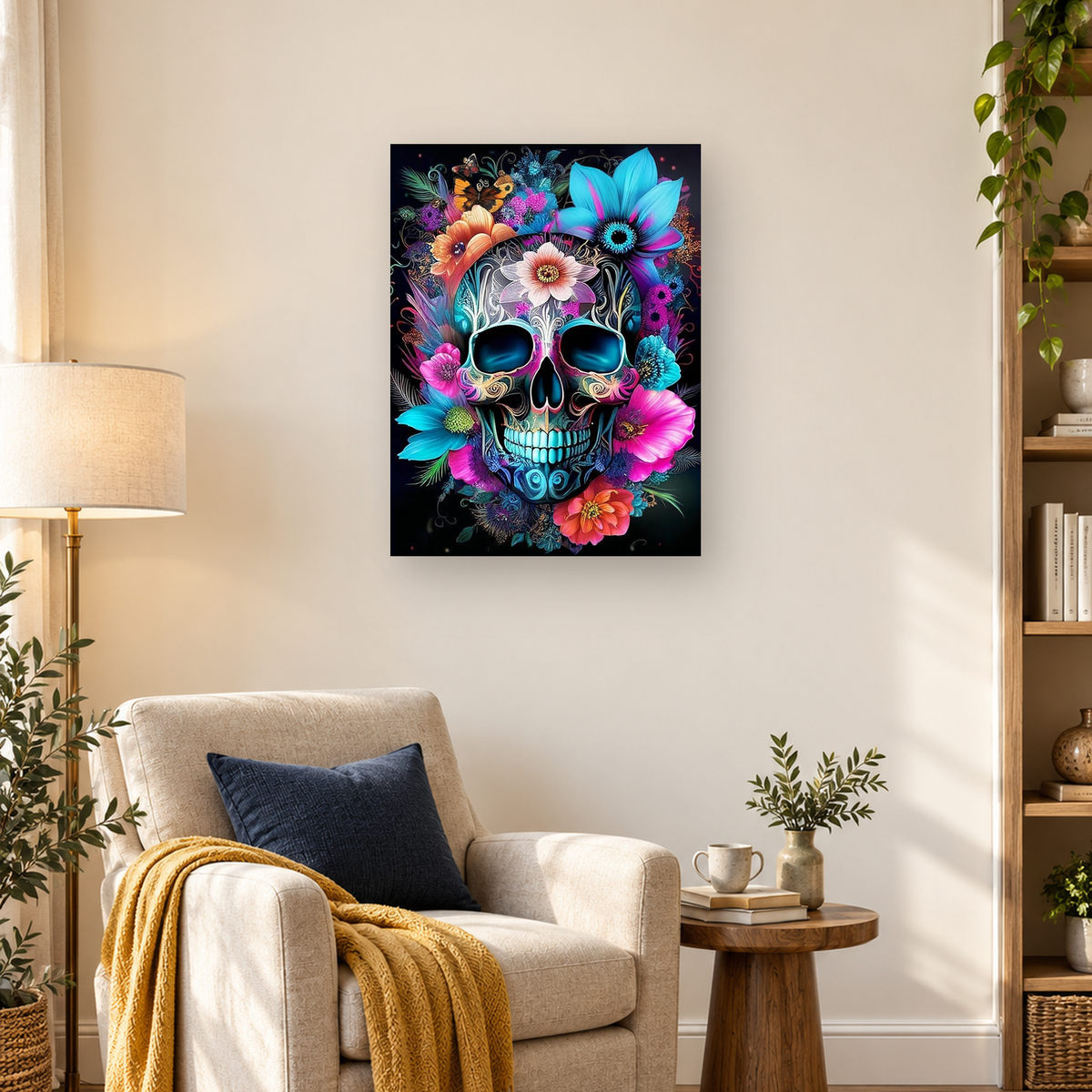 Colorful floral sugar skull wearing sunglasses, surrounded by blossoms and a butterfly on black — 03_lifestyle_hero