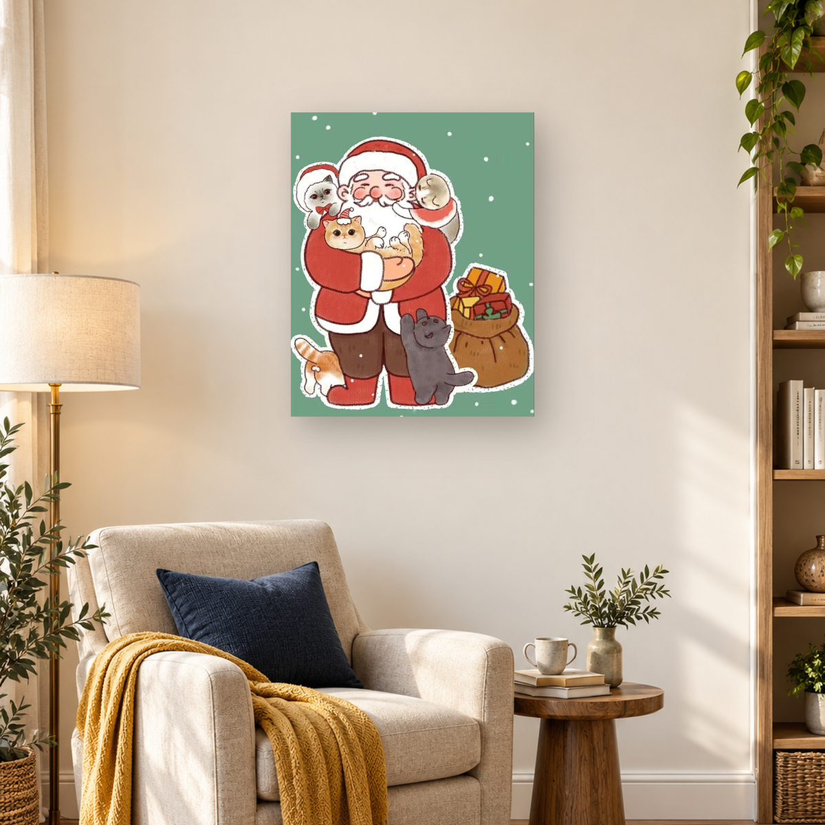 Cartoon Santa holding an orange cat with other cats and a gift sack against a snowy green background — 03_lifestyle_hero