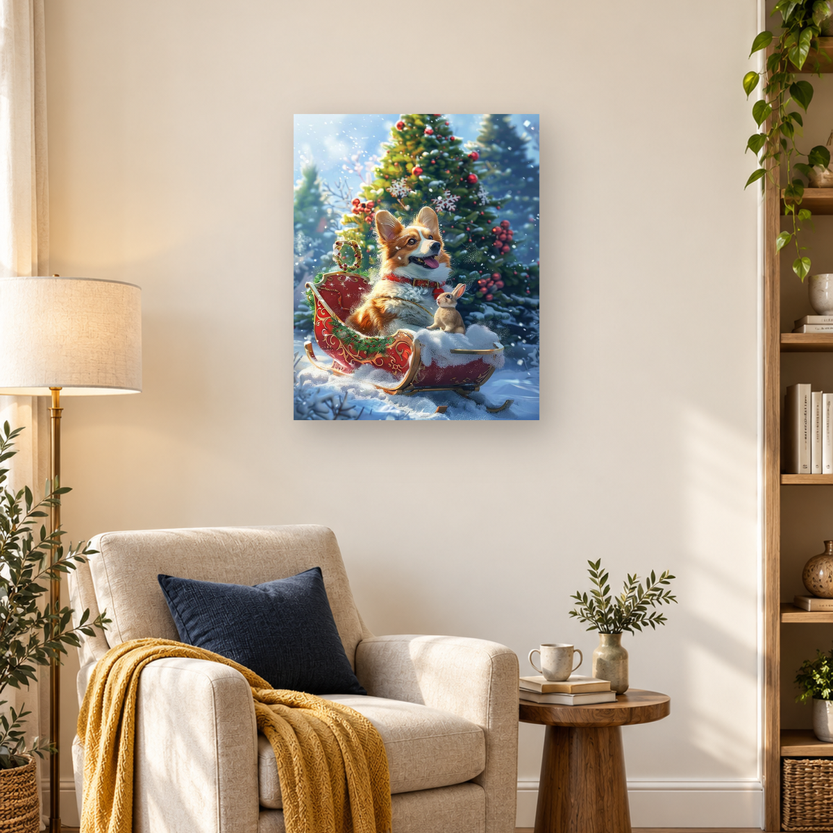 Corgi and rabbit riding in a red Christmas sleigh through a snowy evergreen forest