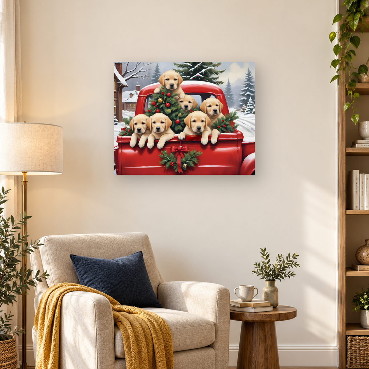 Six golden retriever puppies in a decorated red vehicle against a snowy Christmas village — 03_lifestyle_hero