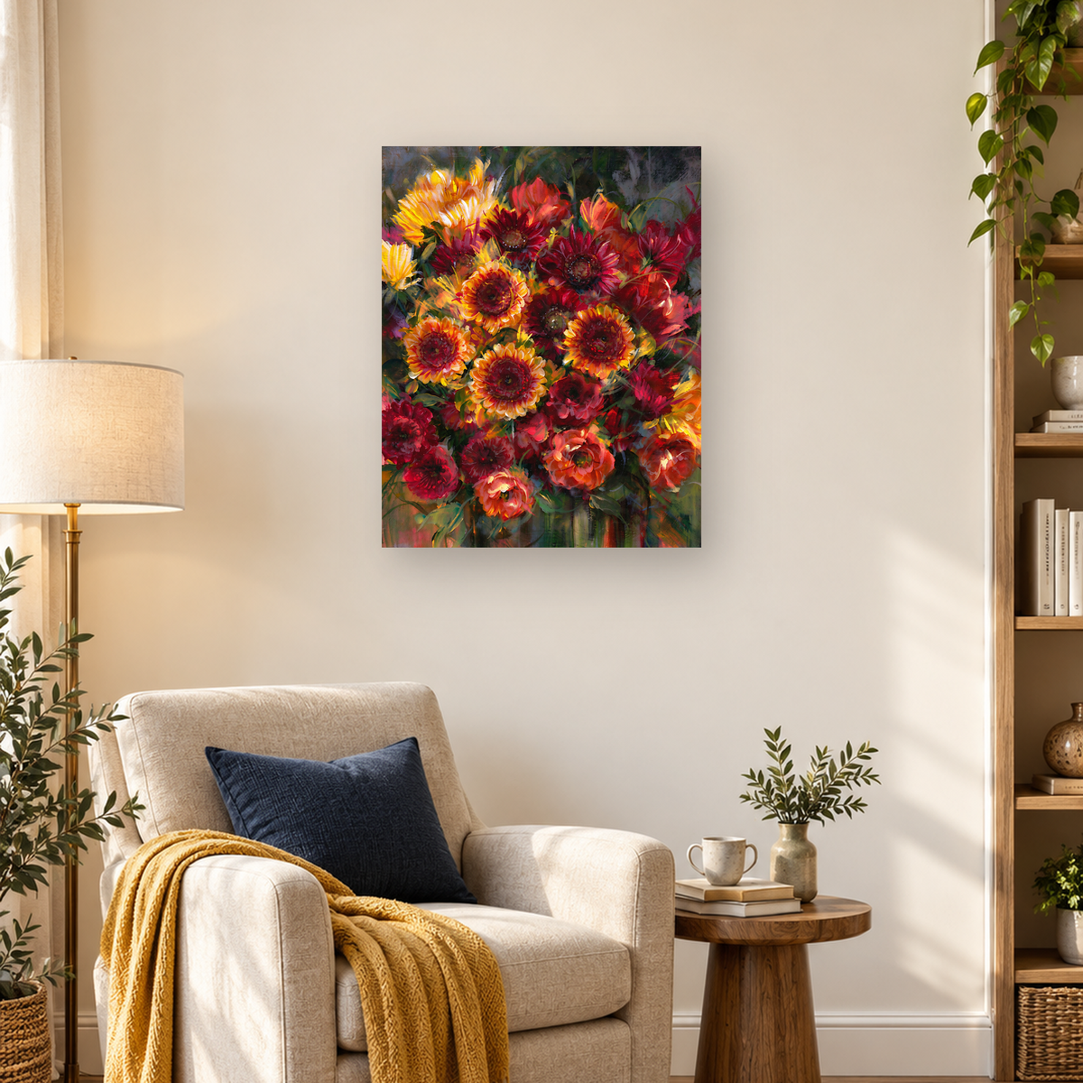 Painterly bouquet of red, orange, and yellow flowers surrounded by dark green foliage — 03_lifestyle_hero