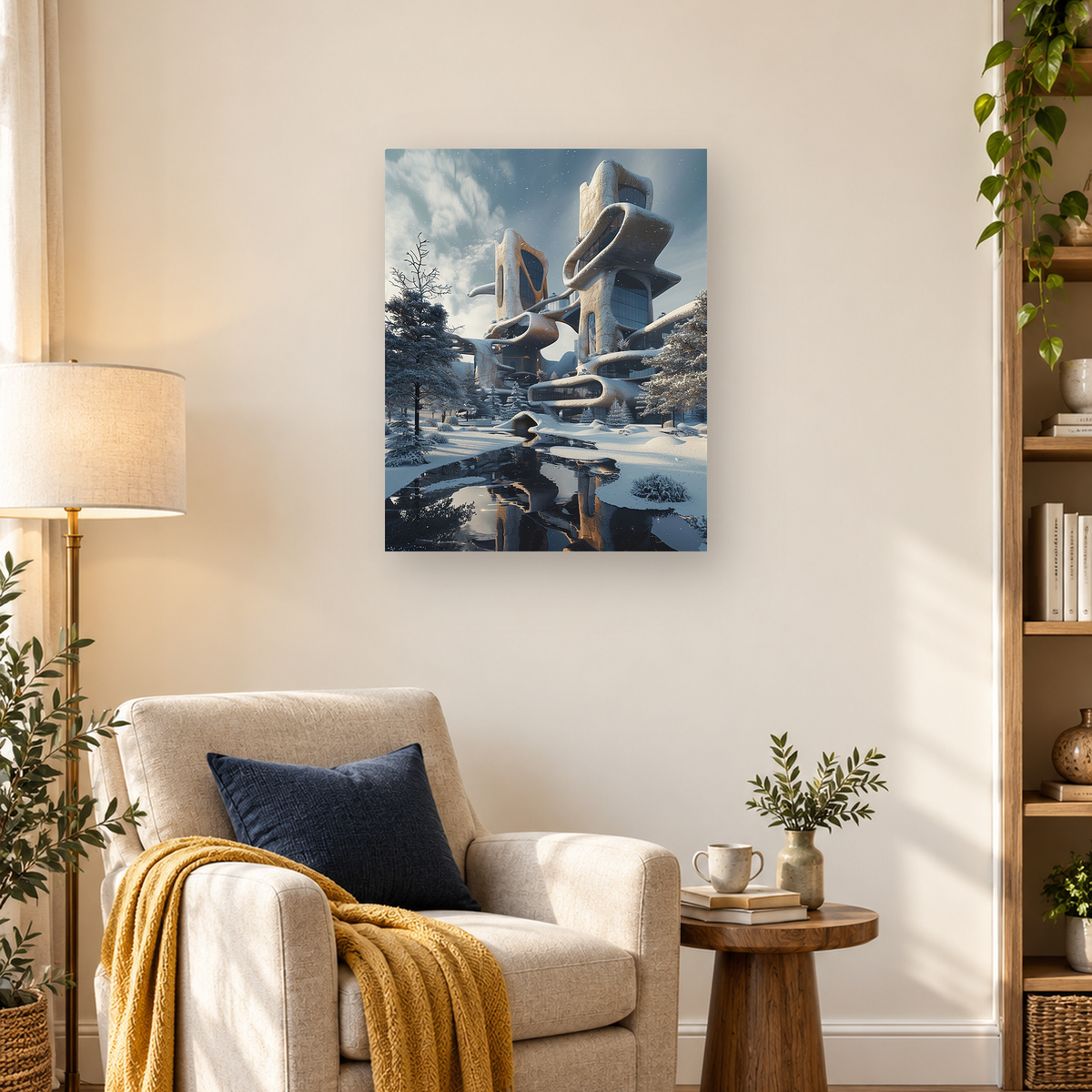 Futuristic curved towers rise above snowy trees beside a reflective pond under a cloudy blue-gray sky. — 03_lifestyle_hero