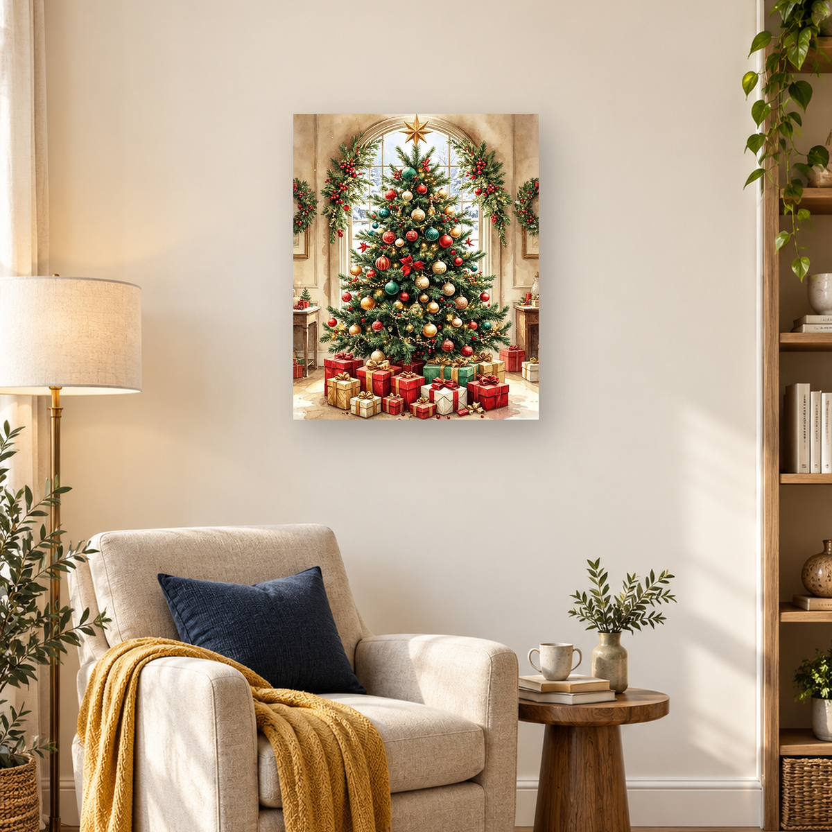 Decorated Christmas tree with colorful ornaments, wrapped presents, garlands, and a snowy arched window