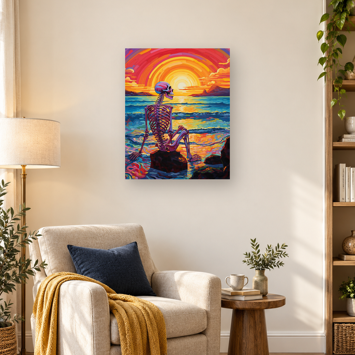Colorful seated skeleton watching a glowing sunset over a reflective ocean with distant mountains. — 03_lifestyle_hero