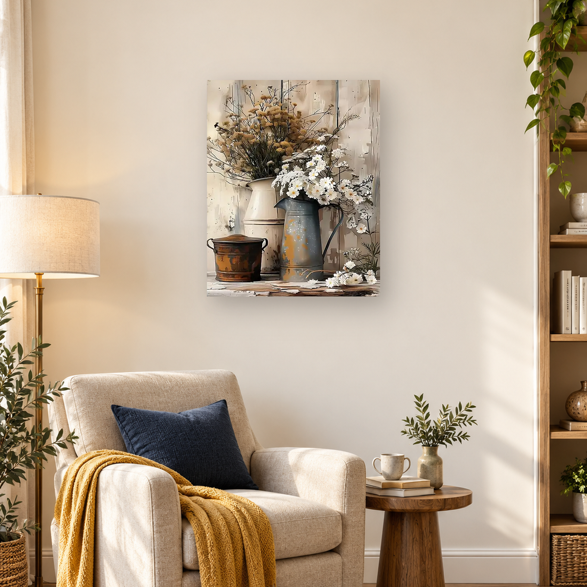 Rustic still life of white flowers and tan branches in blue-gray, cream, and dark vessels — 03_lifestyle_hero