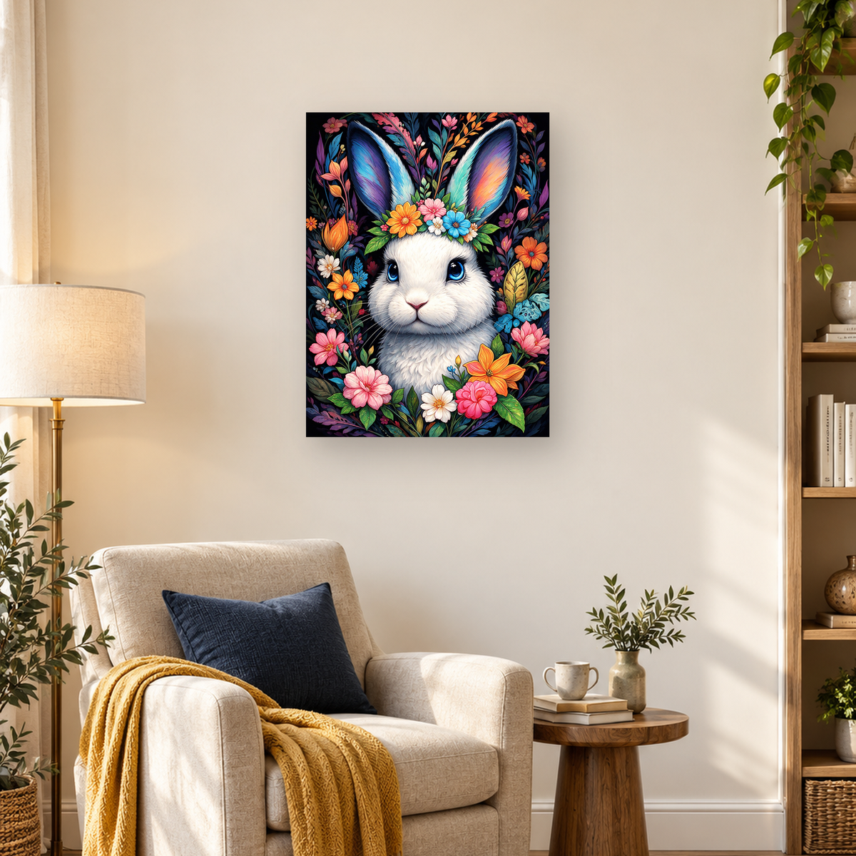 White rabbit with bright blue eyes surrounded by colorful flowers, leaves, and a yellow butterfly. — 03_lifestyle_hero