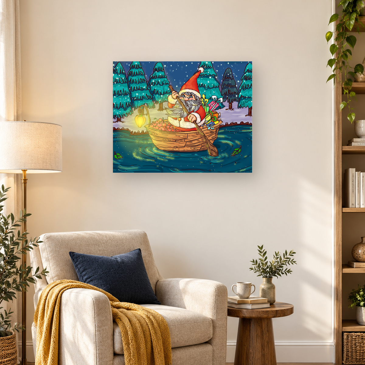 Santa rows a gift-filled wooden boat through a snowy evergreen forest with a glowing lantern. — 03_lifestyle_hero