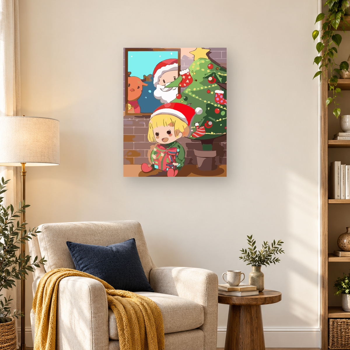 Cartoon child with a gift beside a decorated Christmas tree, with Santa and a reindeer behind a window — 03_lifestyle_hero